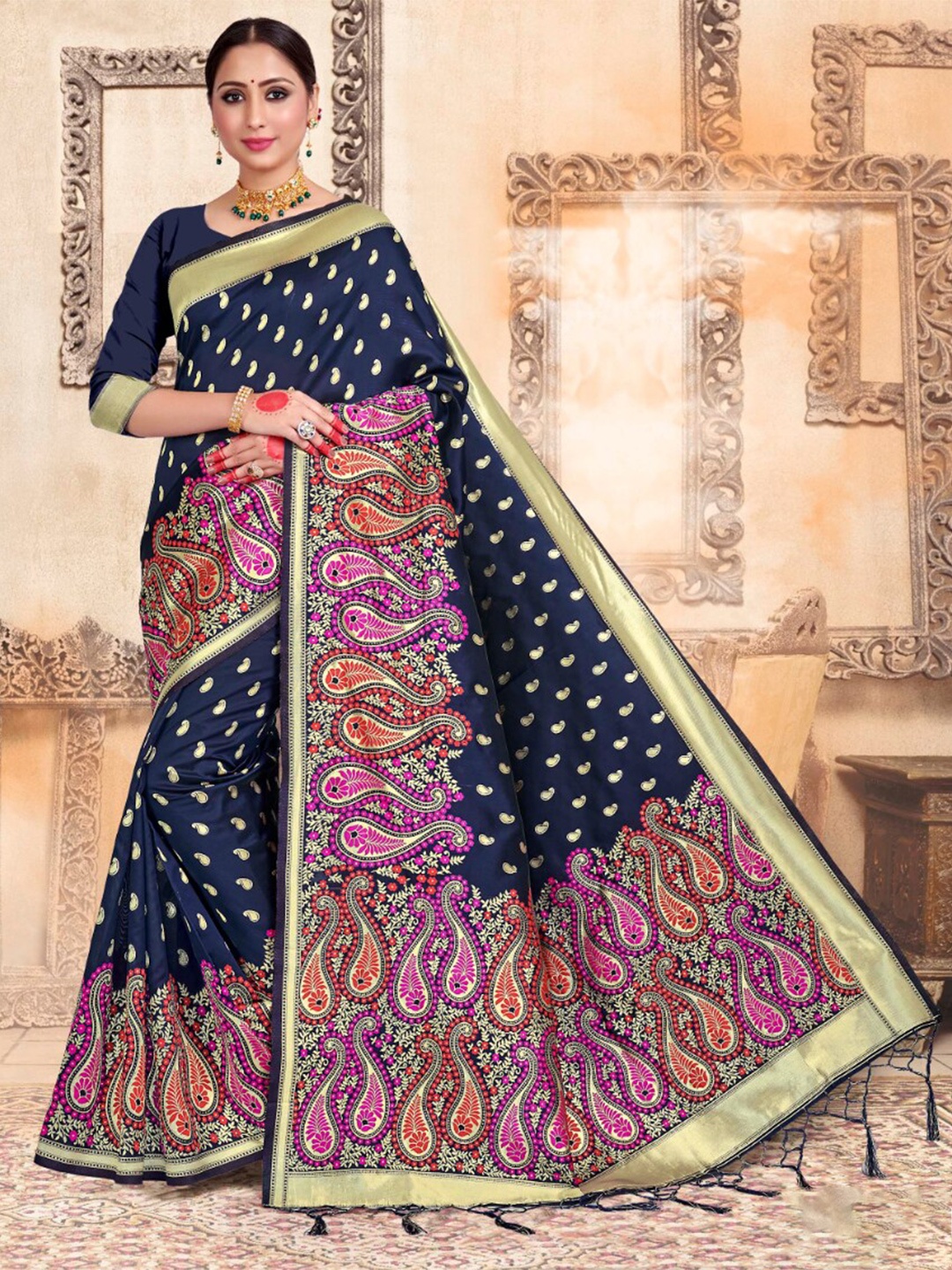 

Vardha Woven Design Zari Art Silk Banarasi Saree, Navy blue