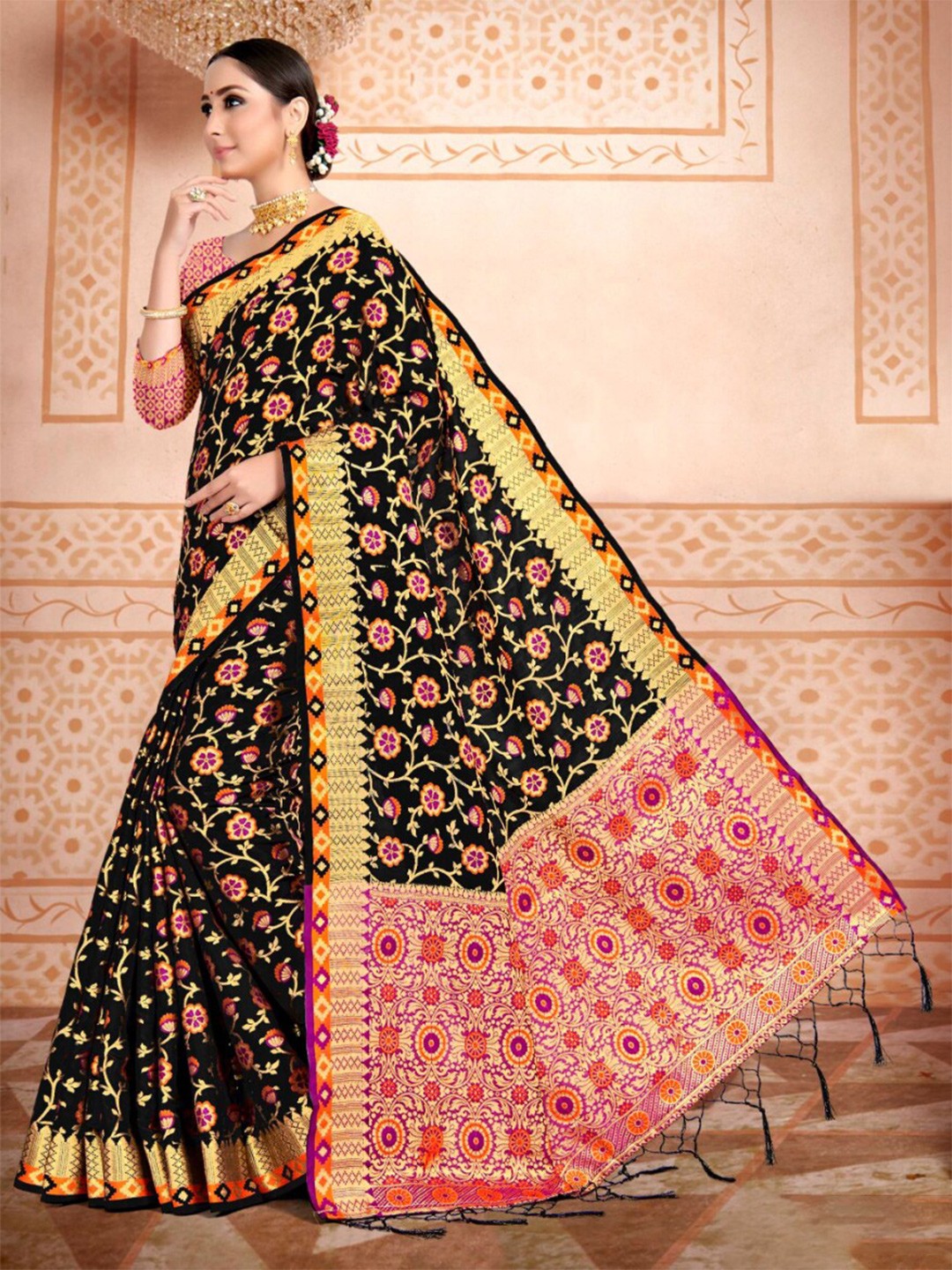 

Vardha Black & Pink Woven Design Zari Art Silk Banarasi Saree