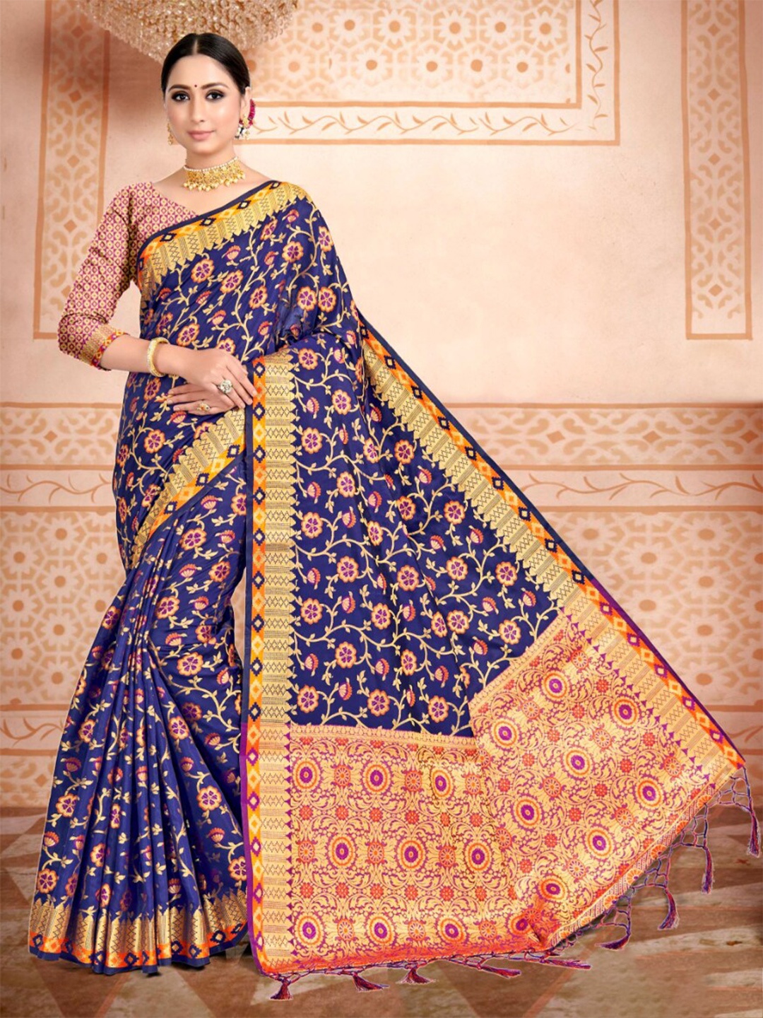 

Vardha Ethnic Motifs Woven Design Zari Art Silk Banarasi Saree, Navy blue