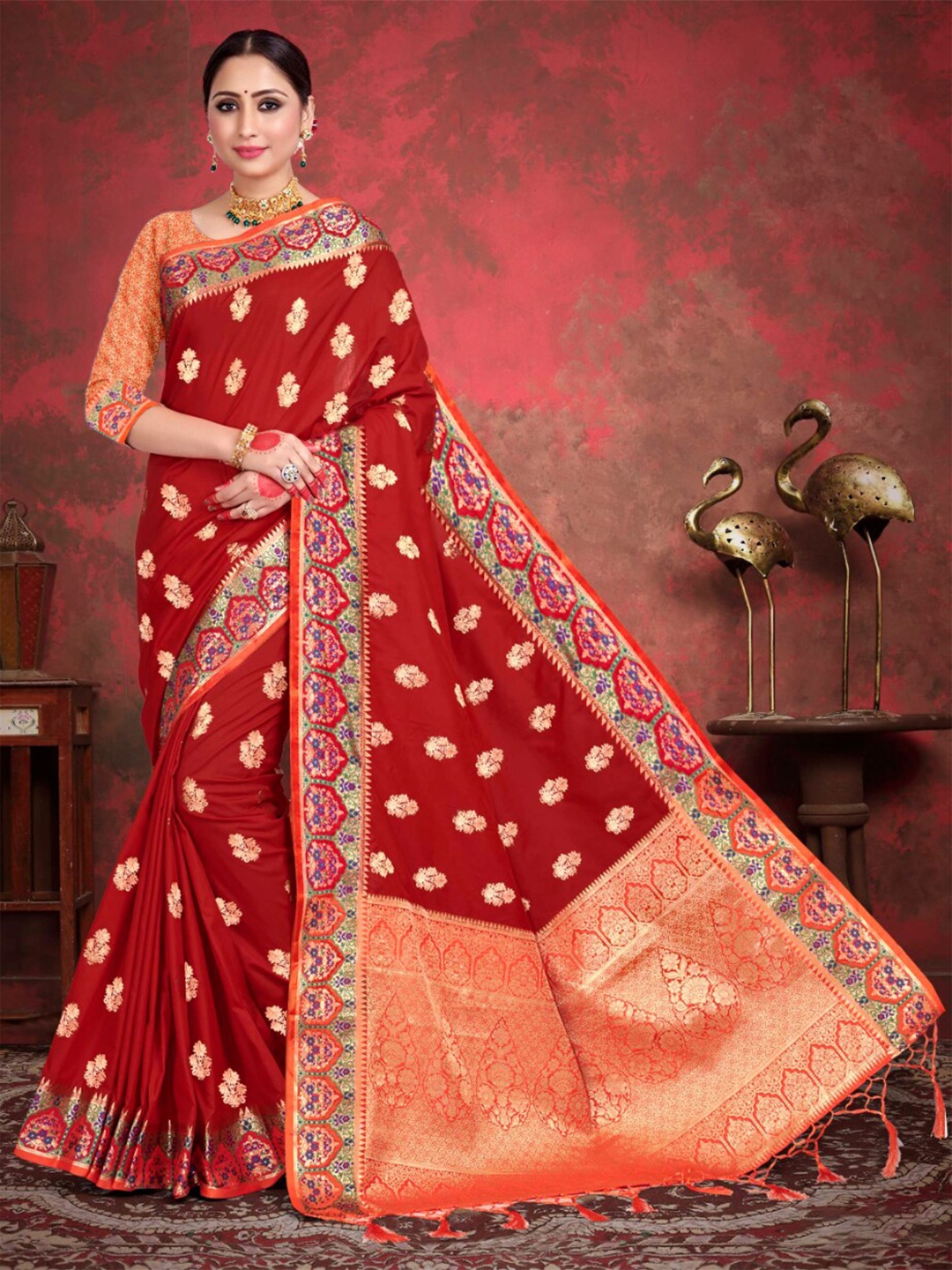 

Vardha Red & Orange Woven Design Zari Art Silk Paithani Saree