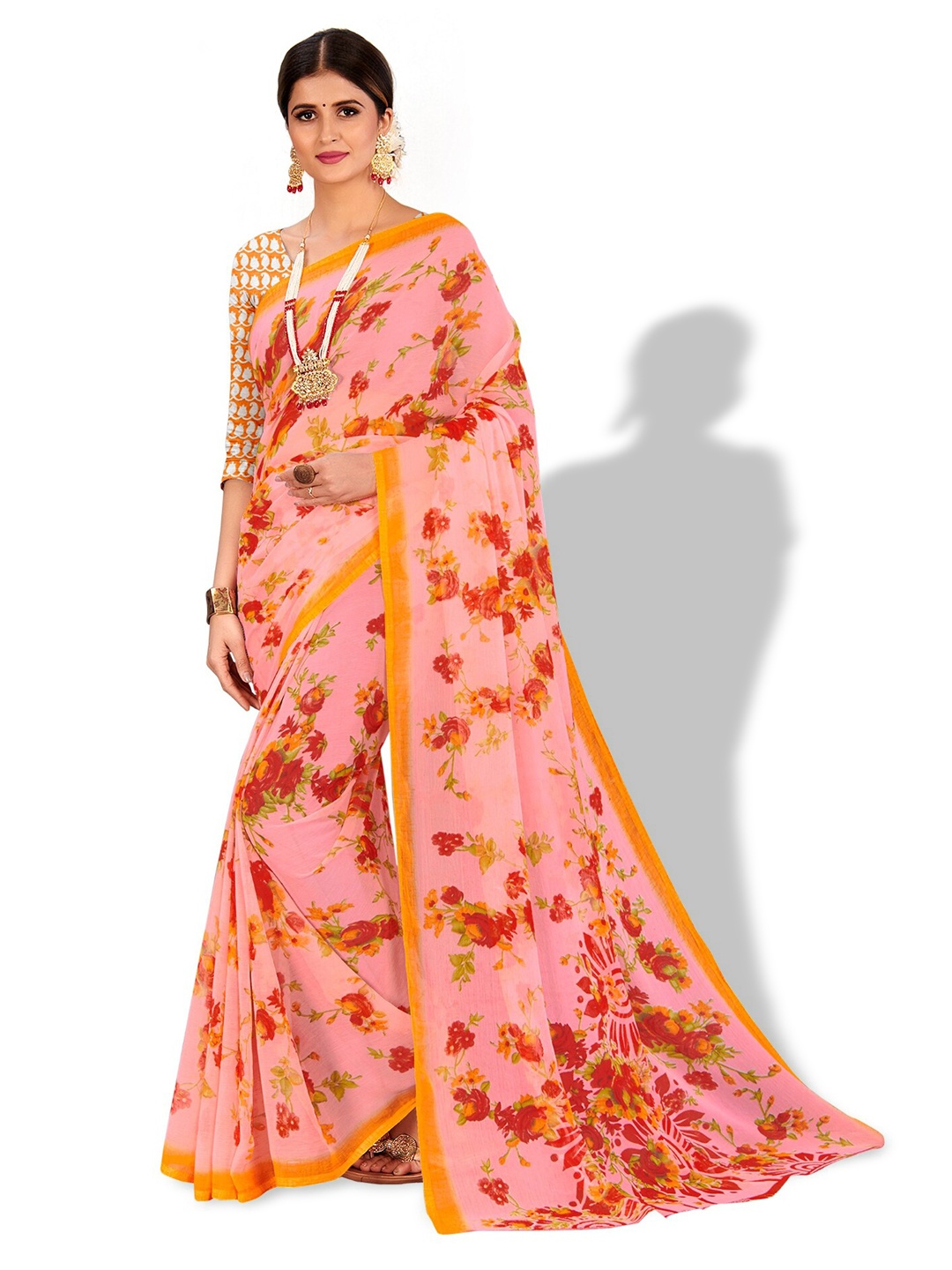 

Vardha Pink & Red Floral Pure Chiffon Block Print Saree