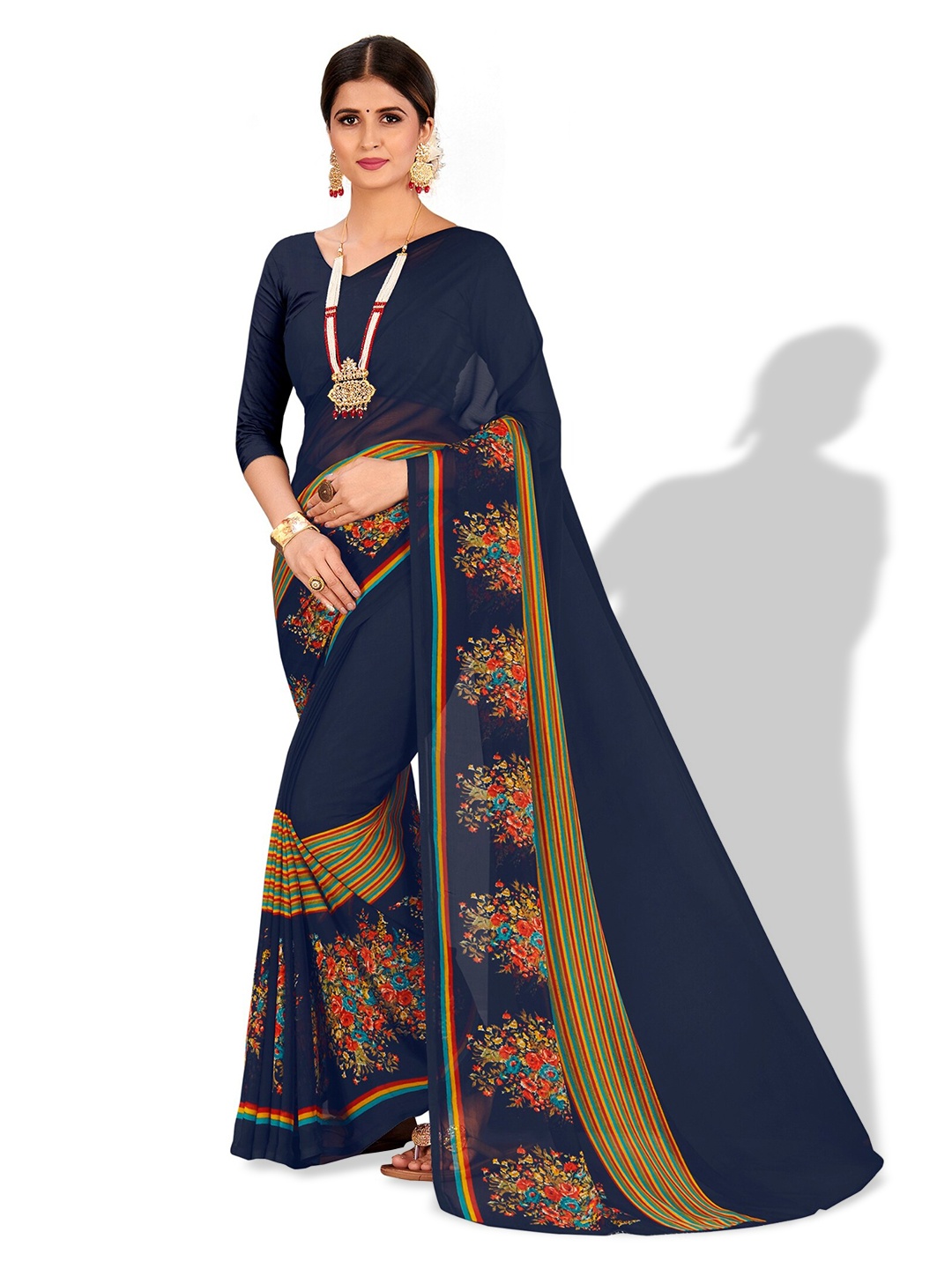 

Vardha Floral Block Printed Saree With Blouse Piece, Navy blue