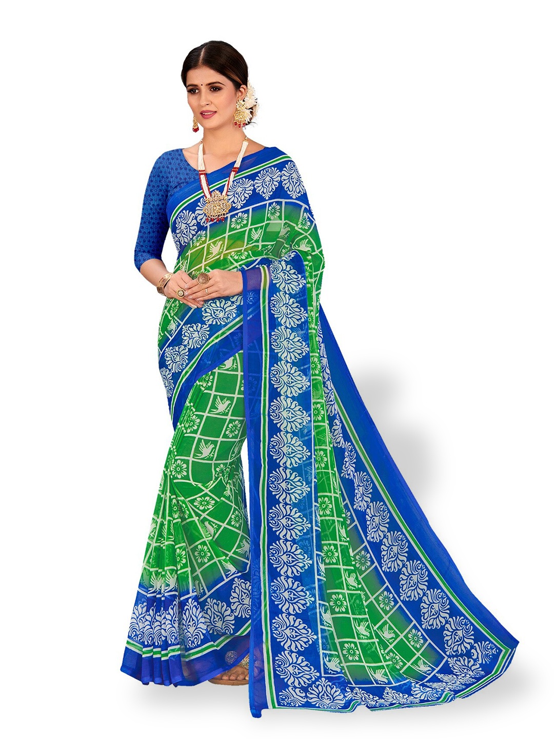 

Vardha Ethnic Motifs Pure Chiffon Block Print Saree, Green