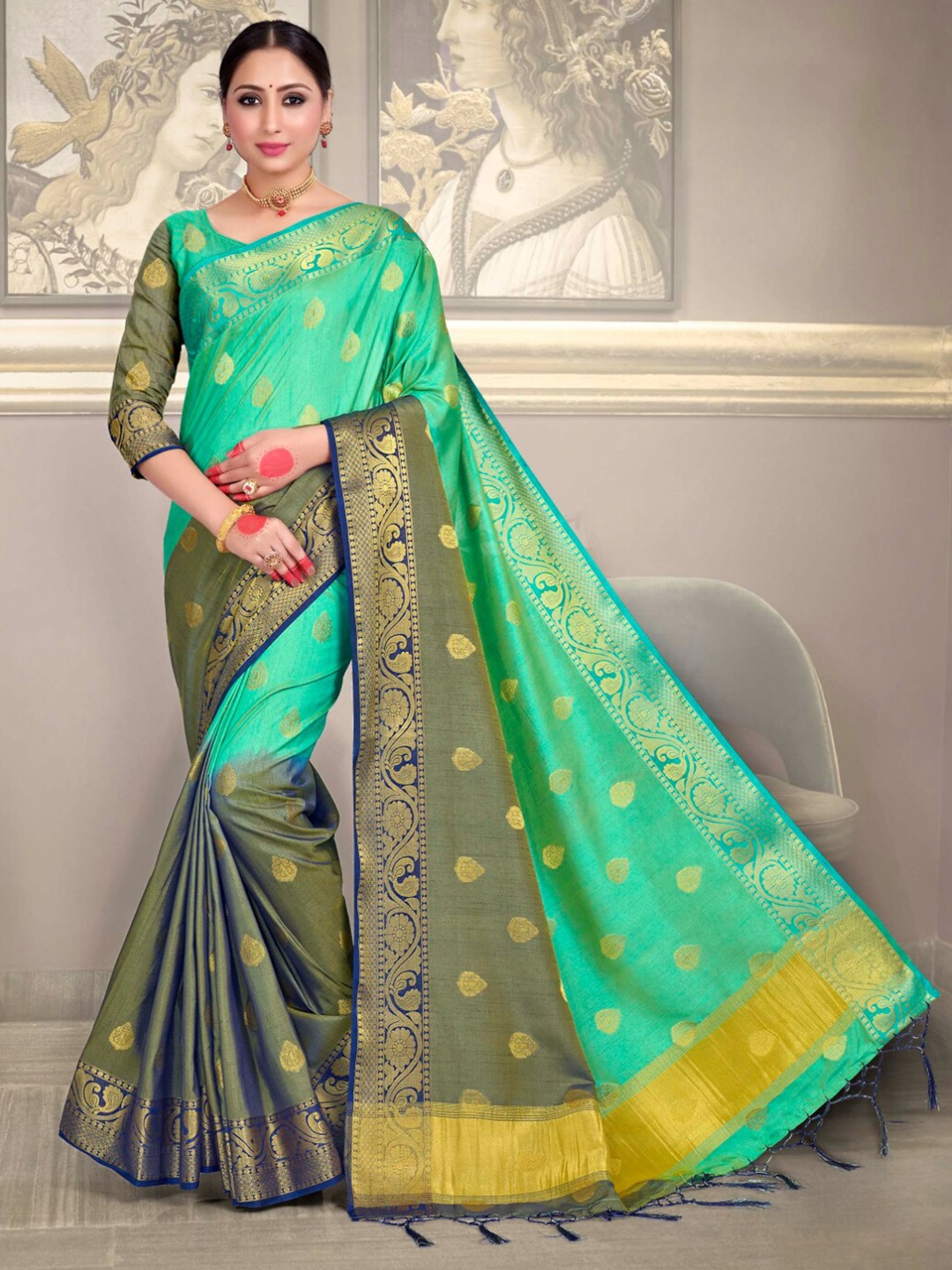 

Vardha Teal & Mustard Woven Design Zari Art Silk Banarasi Saree