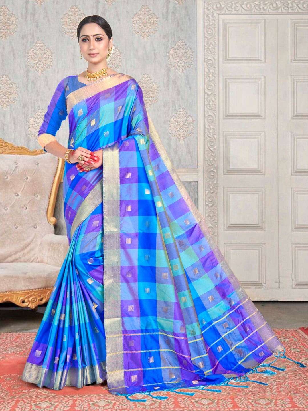 

Vardha Striped Zari Art Silk Banarasi Saree, Blue