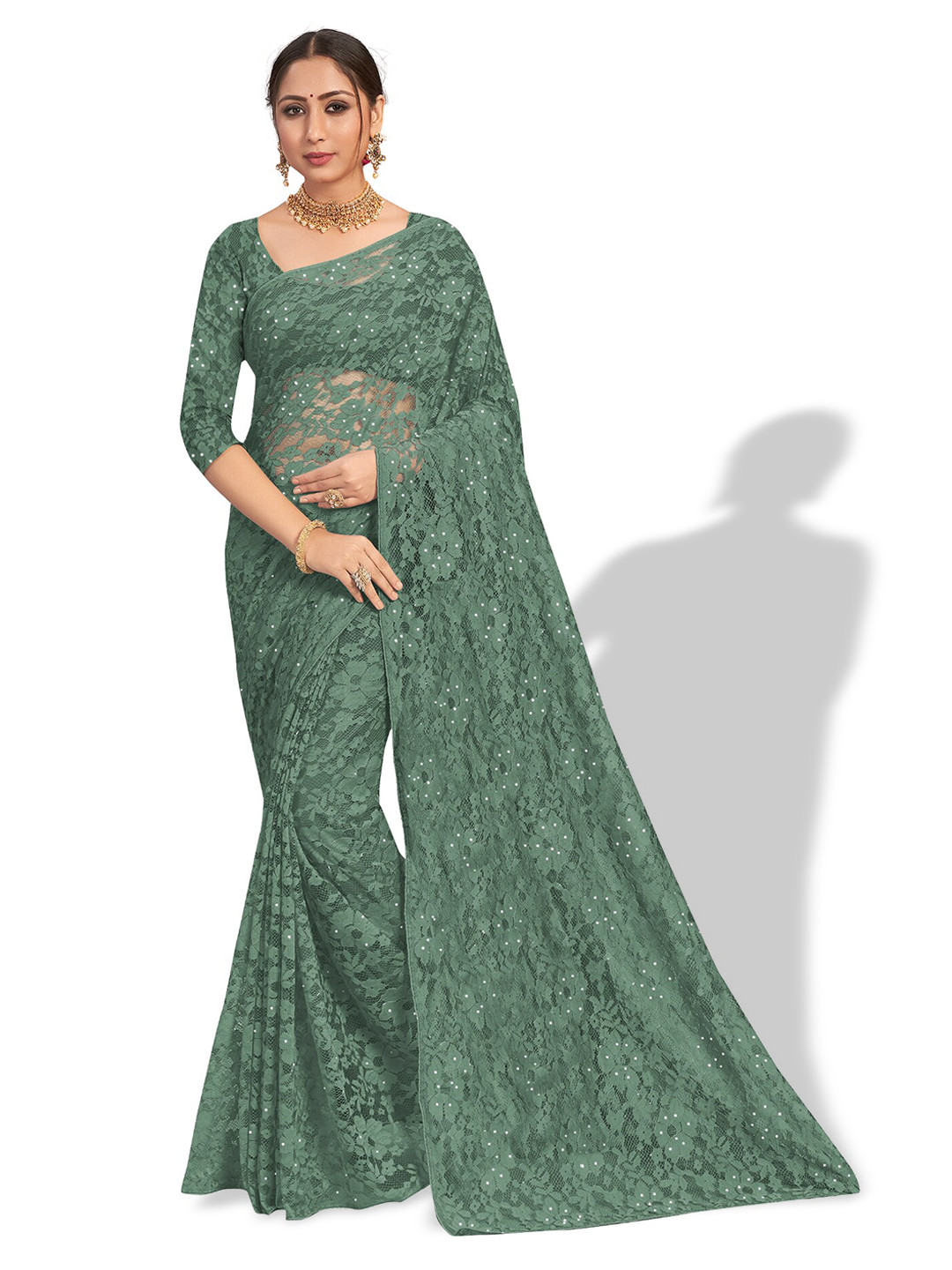 

Vardha Woven Design Beads and Stones Brasso Saree, Green