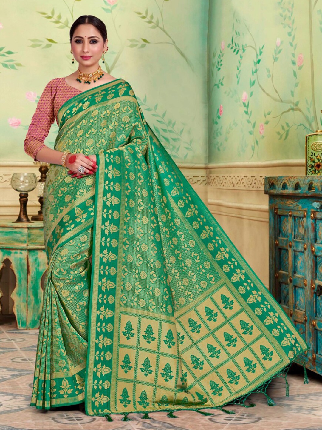 

Vardha Woven Design Zari Art Silk Kanjeevaram Saree, Teal