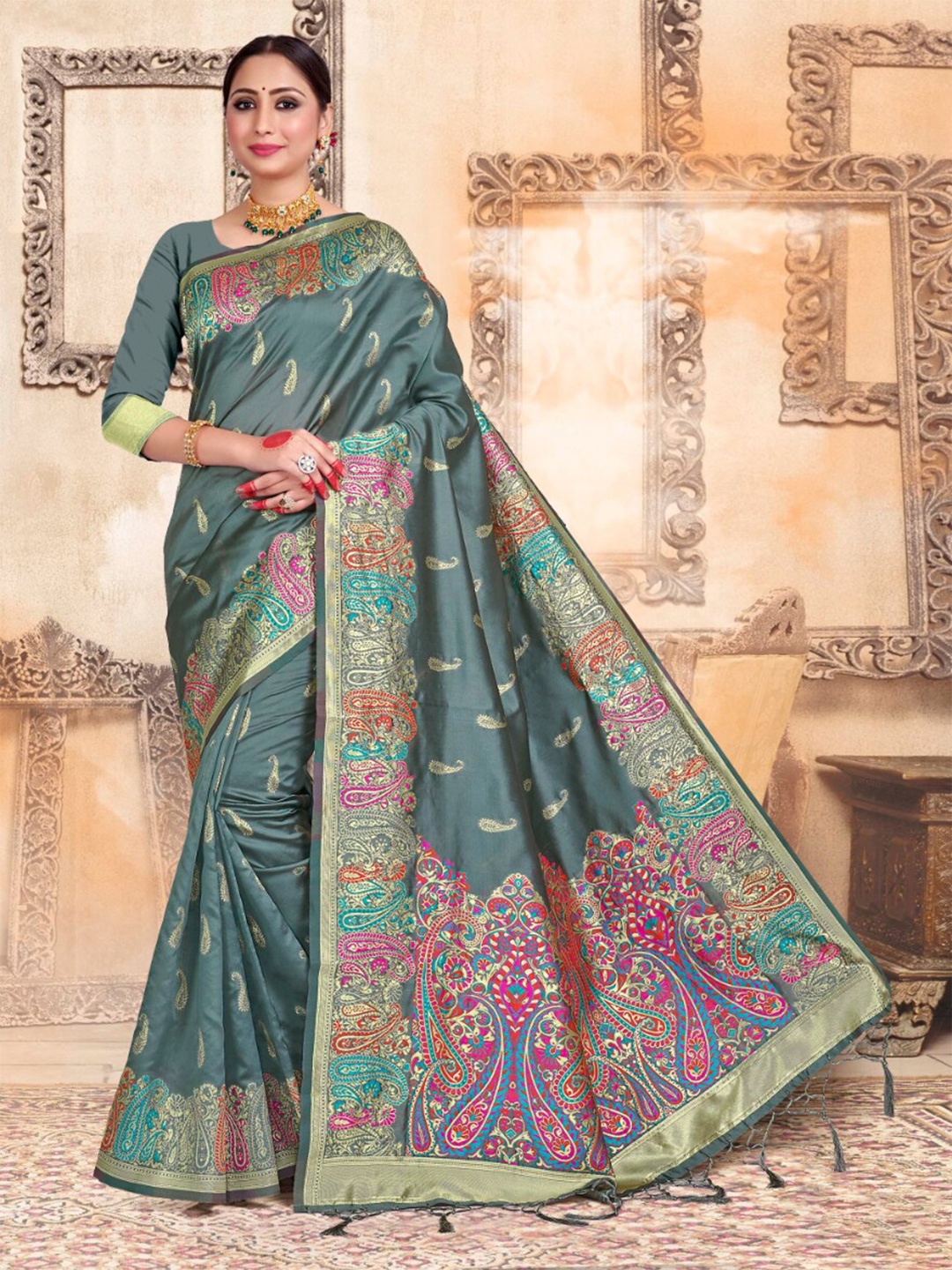 

Vardha Ethnic Motifs Woven Design Zari Art Silk Banarasi Saree, Grey