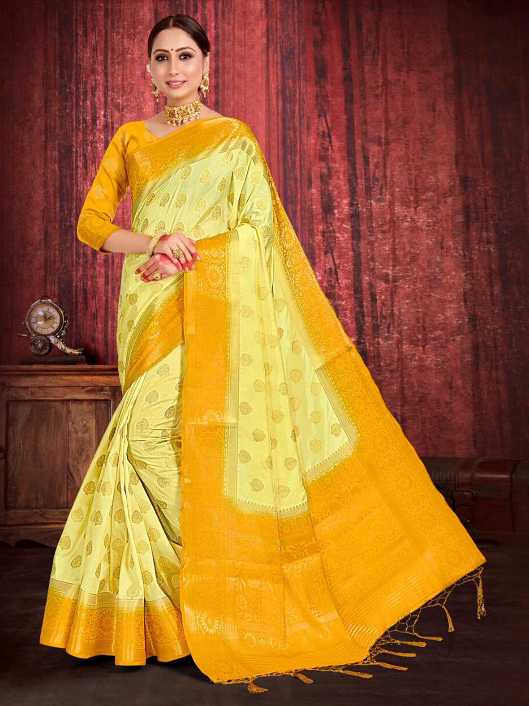 

Vardha Beige & Mustard Woven Design Zari Art Silk Banarasi Saree