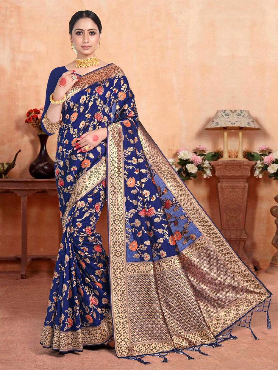 

Vardha Navy Blue & Gold-Toned Woven Design Zari Art Silk Banarasi Saree