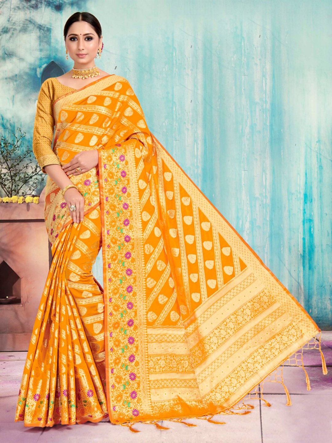 

Vardha Yellow & Gold-Toned Woven Design Zari Art Silk Banarasi Saree