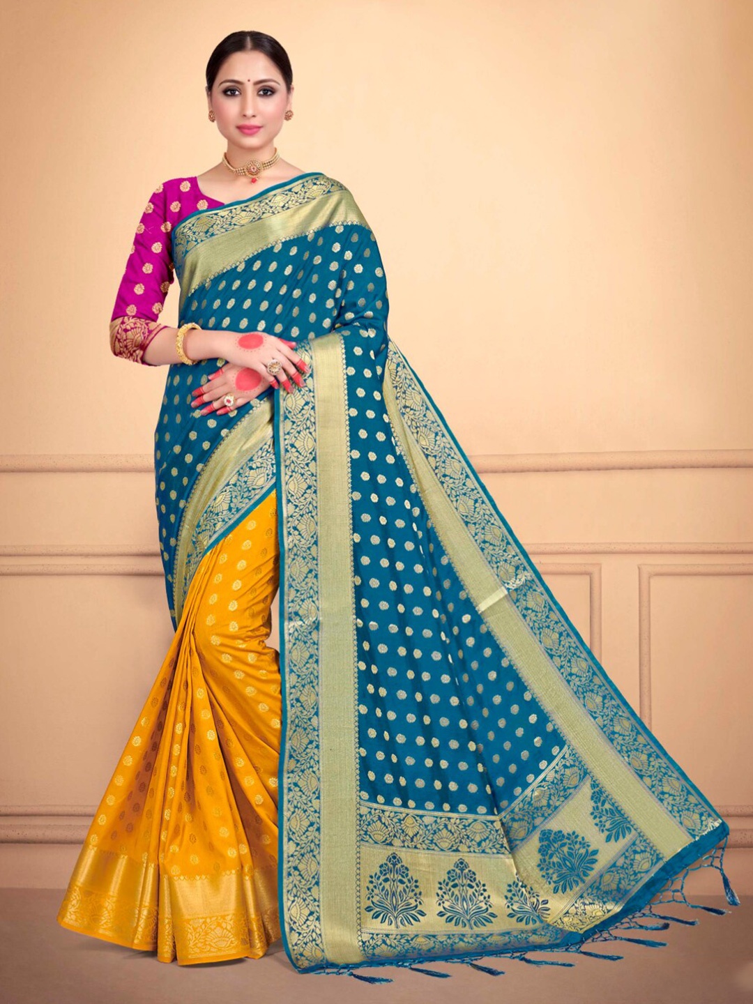 

Vardha Blue & Orange Woven Design Zari Art Silk Half and Half Banarasi Saree