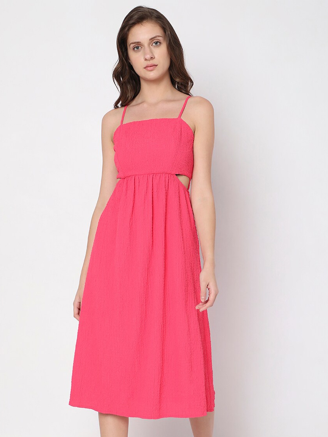

Vero Moda Shoulder Straps Cut Out Smocked A-Line Midi Dress, Pink