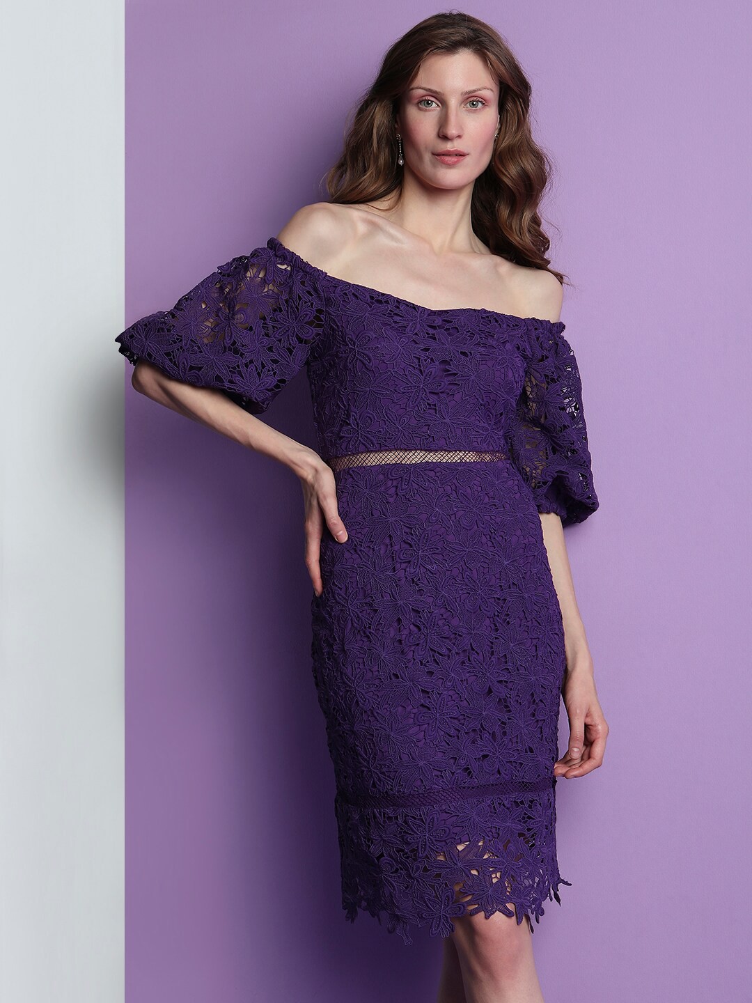 

Vero Moda Off Shoulder Self Design Lace A-Line Dress, Purple