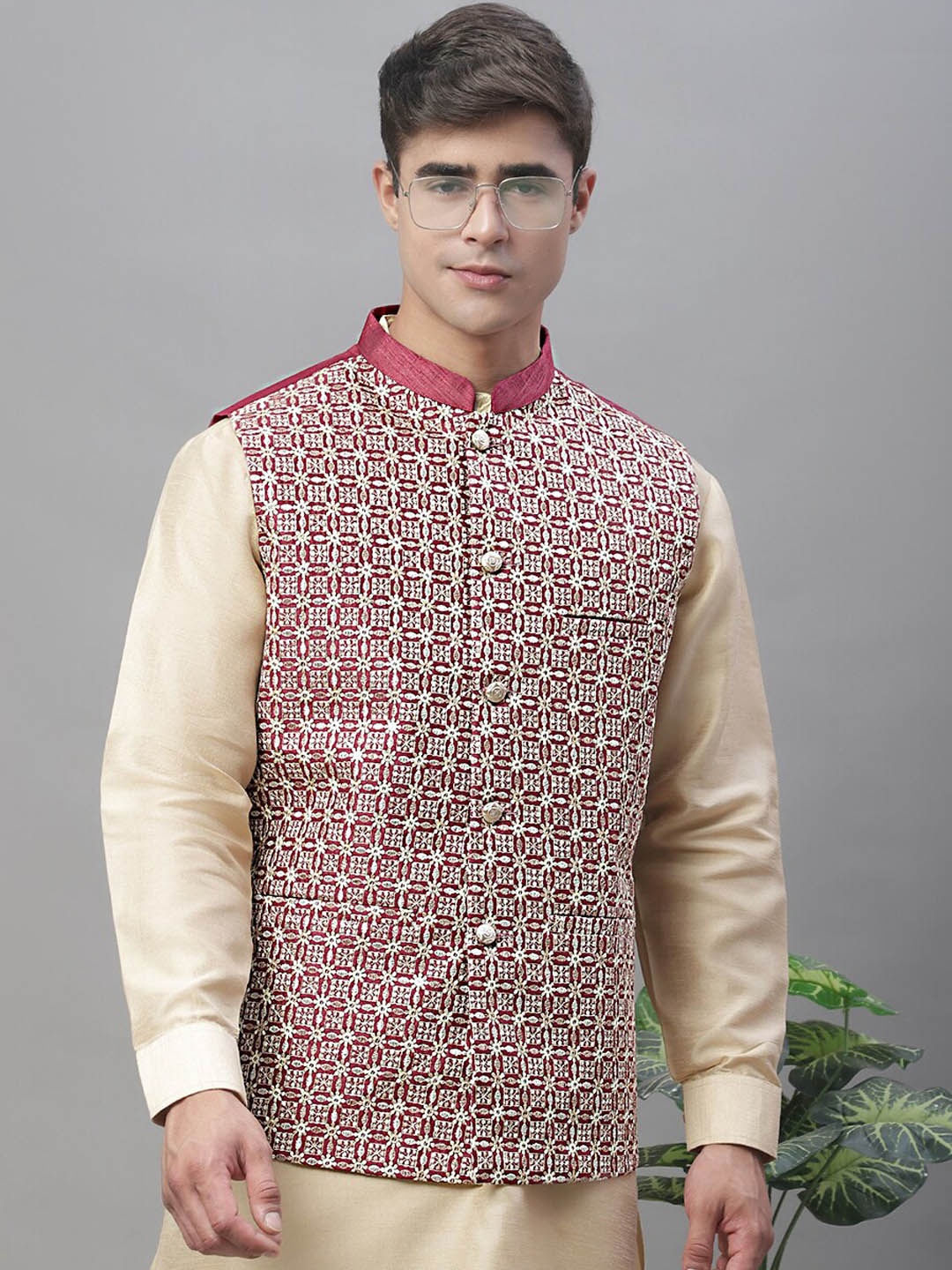 

Anouk Maroon & Cream Coloured Band Collar Kurta With Pyjamas & Nehru Jacket