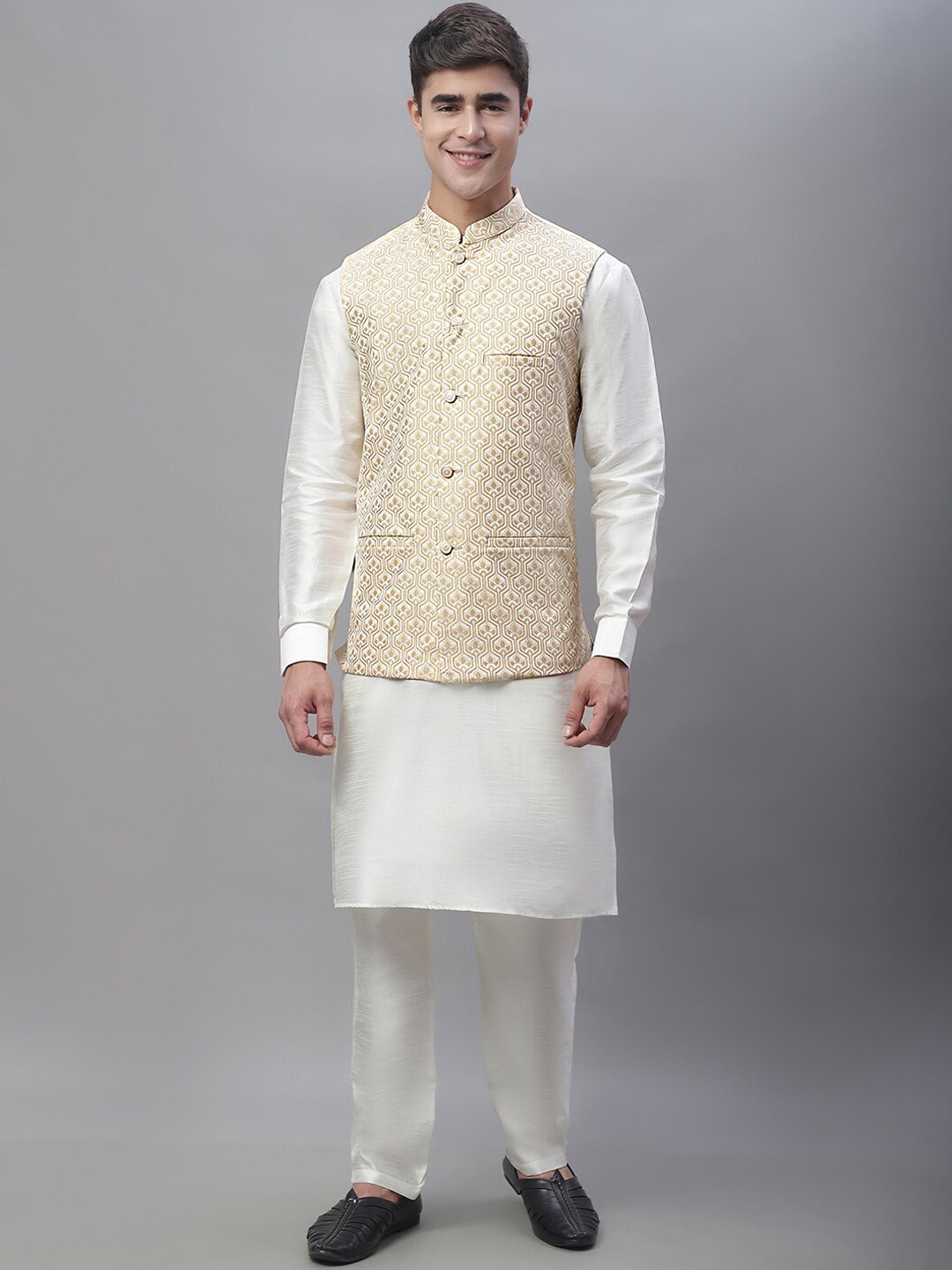 

Anouk Cream-Coloured & White Band Collar Kurta With Pyjamas & Nehru Jacket