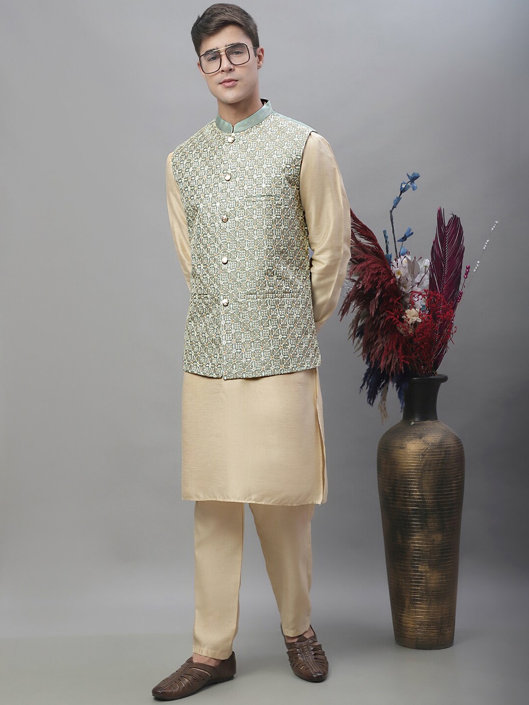 

Anouk Mandarin Collar Dupion Silk Kurta with Pyjamas With Embroidered Nehru Jacket, Beige