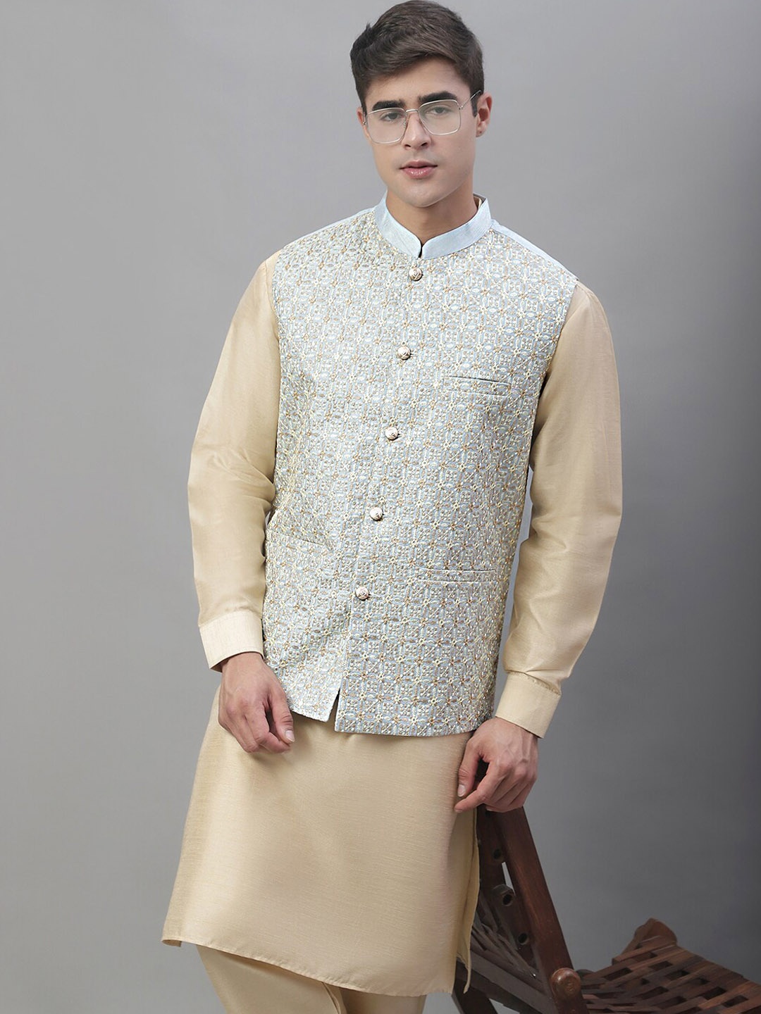 

Anouk Beige & Blue Mandarin Collar Kurta with Pyjamas & Nehru Jacket