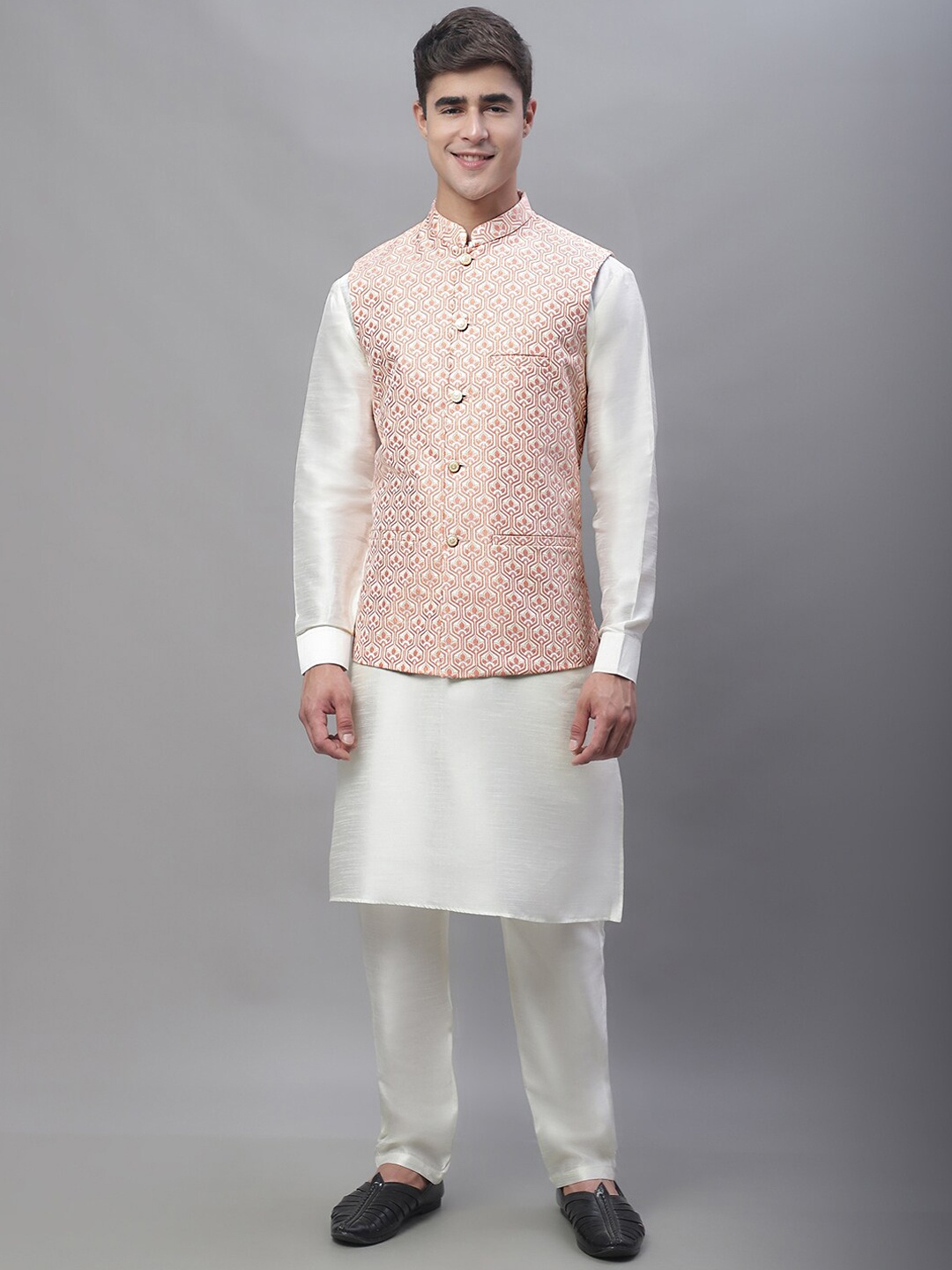 

Anouk White & Peached Coloured Band Collar Kurta With Pyjamas & Nehru Jacket