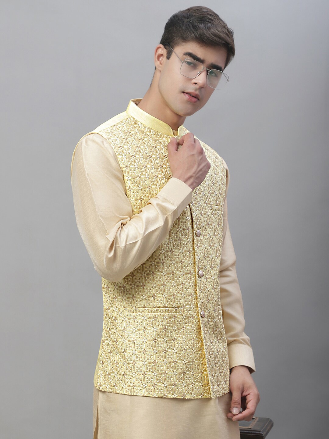 

Anouk Yellow & Cream Coloured Band Collar Kurta With Pyjamas & Nehru Jacket