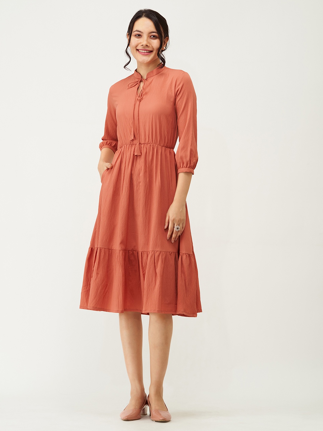 

AASK Tie-Up Neck Crepe A-Line Dress, Rust