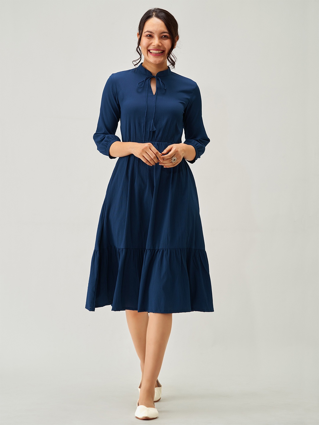 

AASK Tie-Up Neck Puff Sleeve Crepe Fit & Flare Midi Dress, Teal