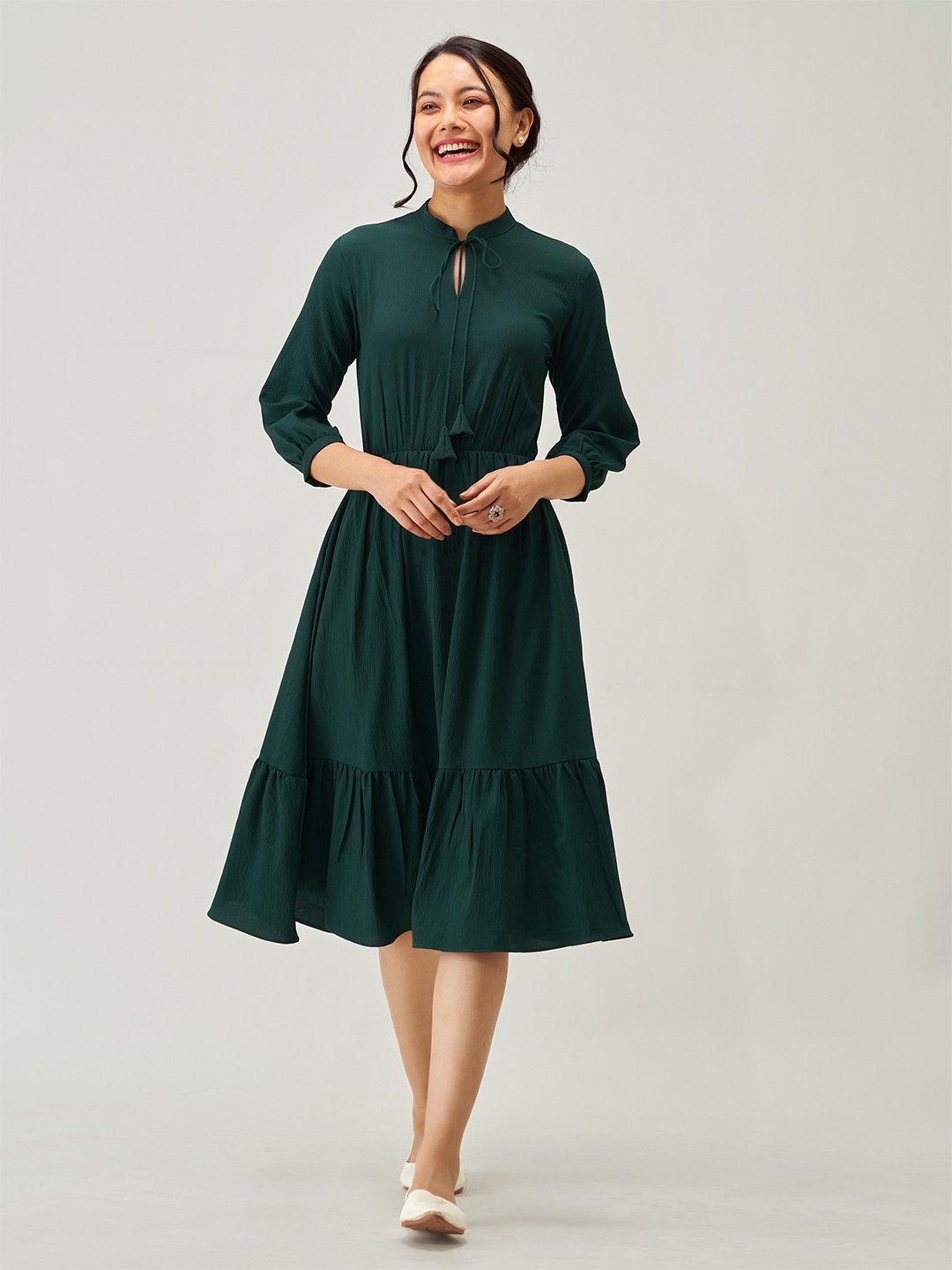 

AASK Tie-Up Neck Puff Sleeve Crepe Fit & Flare Midi Dress, Green
