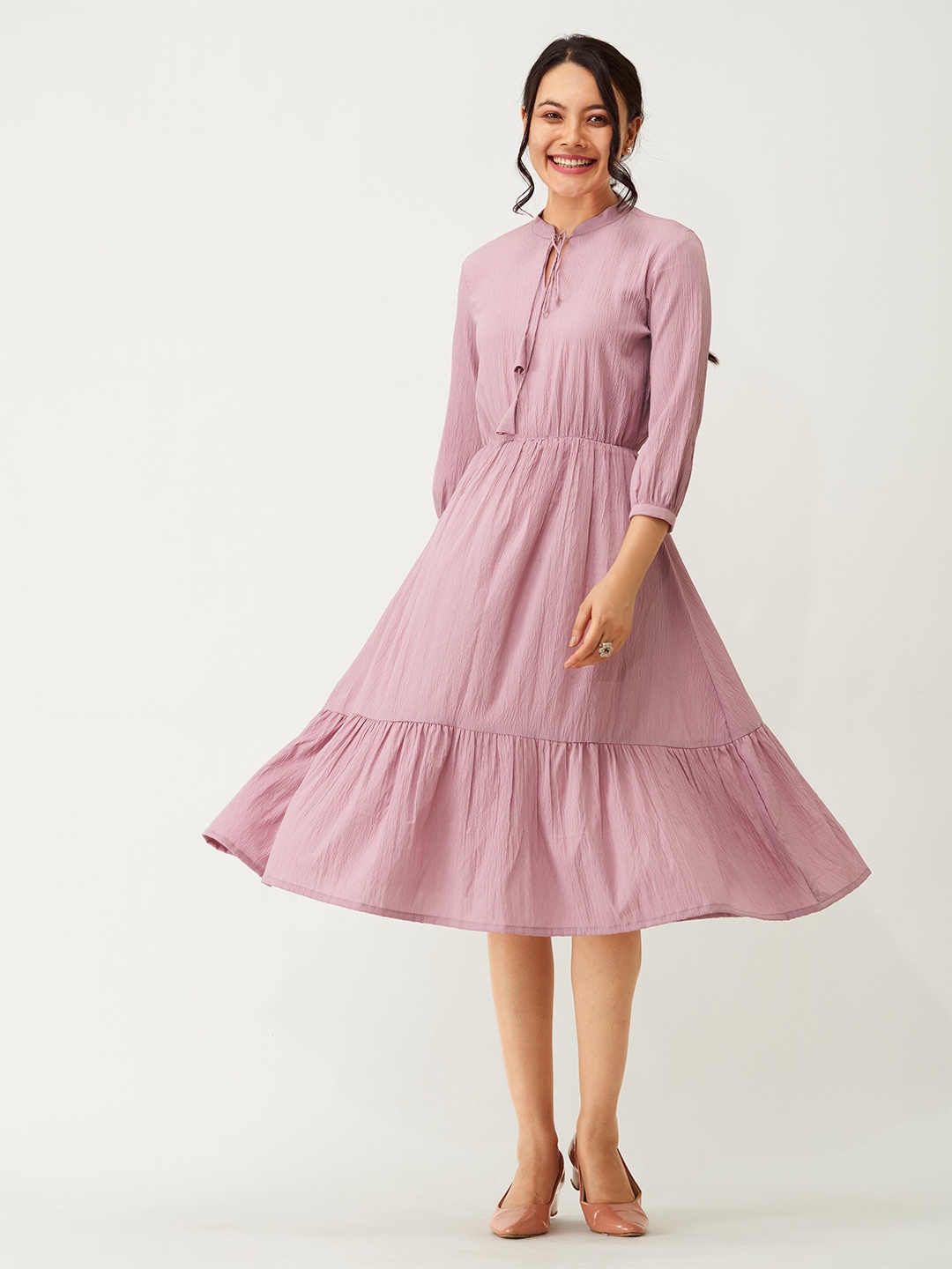 

AASK Tie-Up Neck Crepe Fit & Flare Midi Dress, Magenta