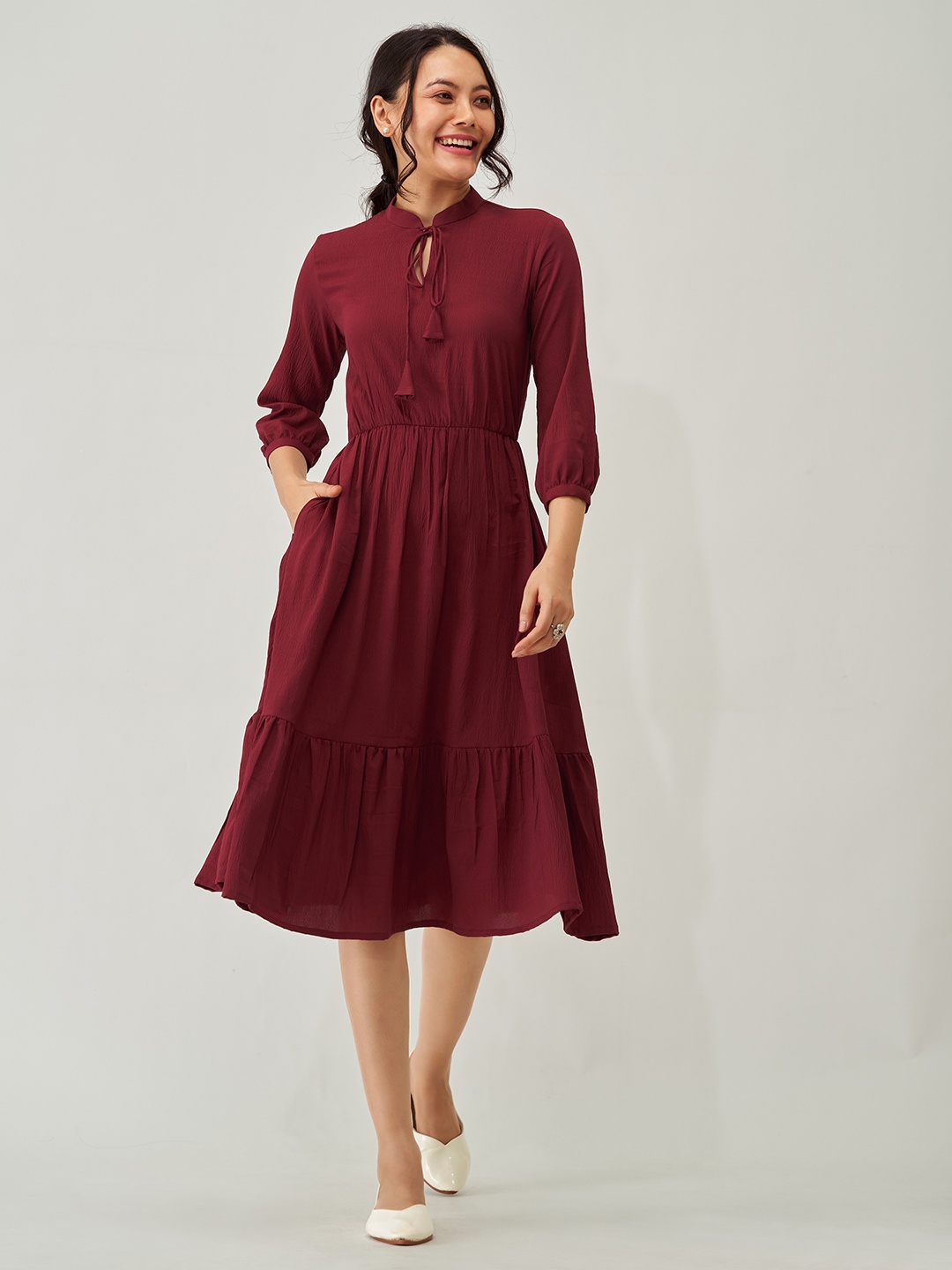

AASK Tie-Up Neck Puff Sleeve Crepe A-Line Midi Dress, Maroon