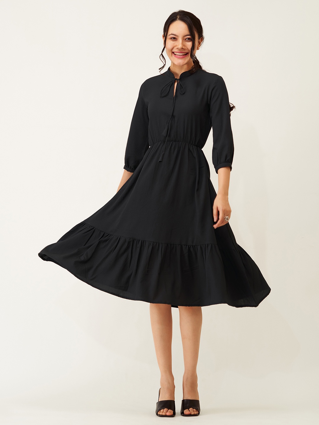 

AASK Crepe Fit & Flare Midi Dress, Black