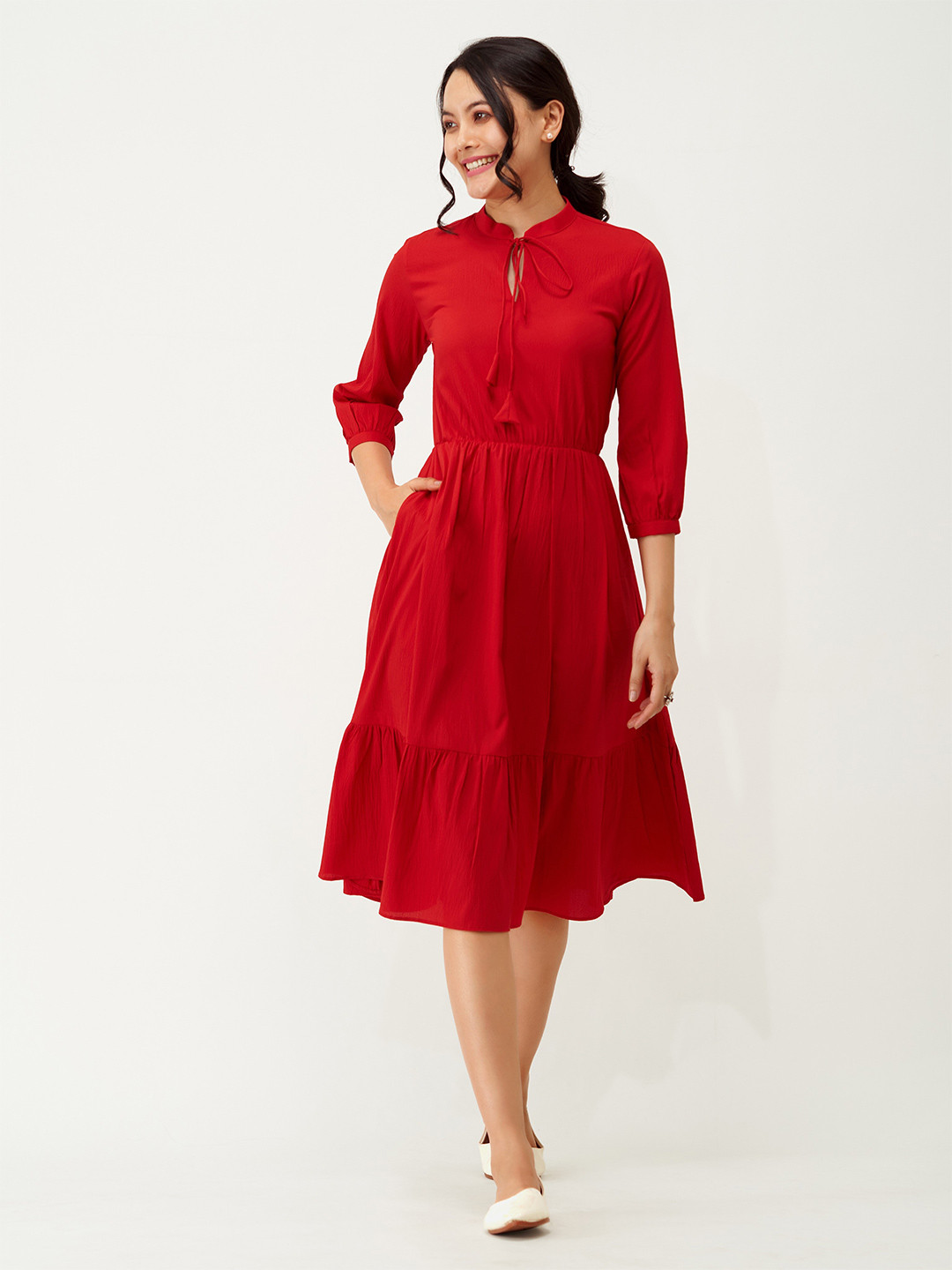 

AASK Tie-Up Neck Puff Sleeve Crepe A-Line Midi Dress, Red