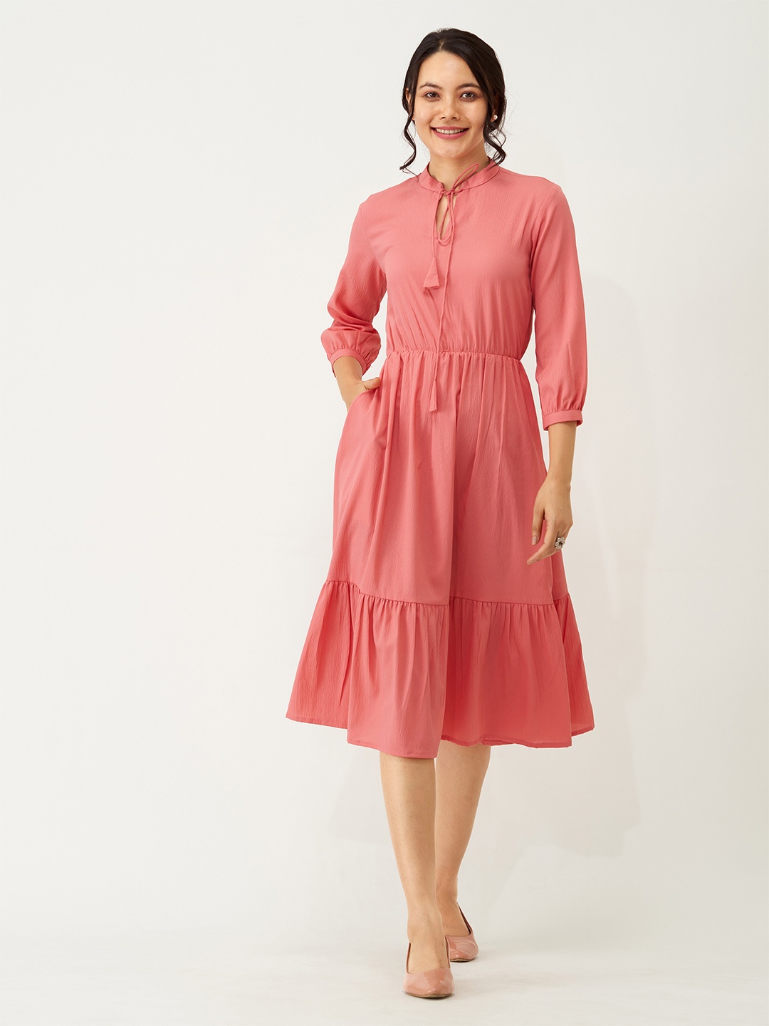 AASK Tie-Up Neck Puff Sleeve Crepe A-Line Midi Dress, Coral