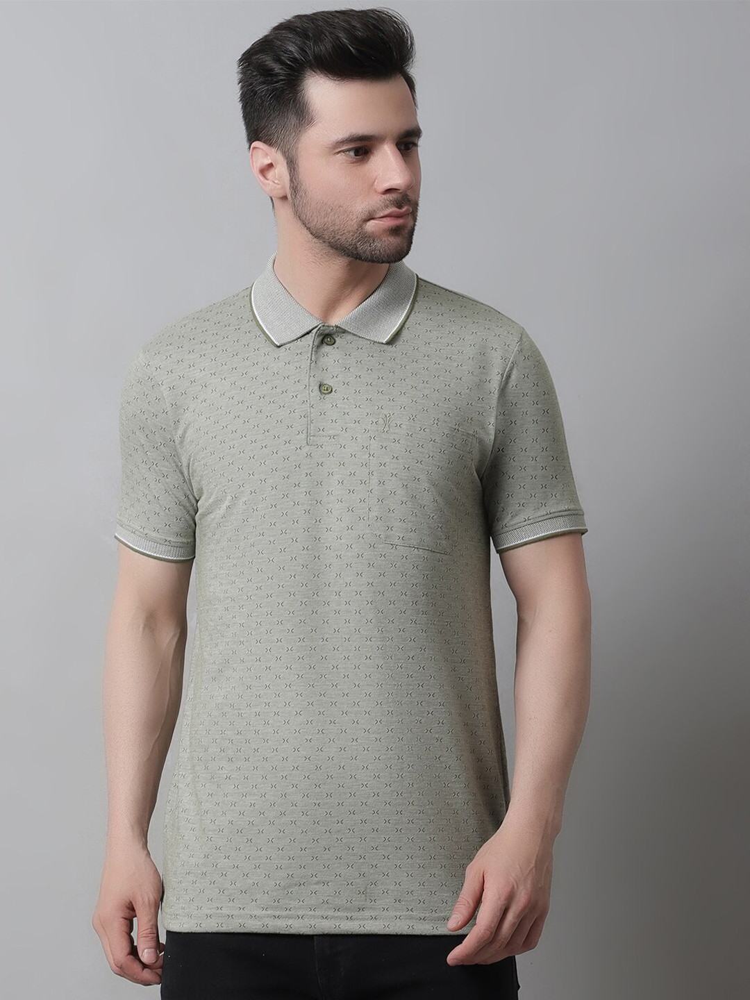 

VENITIAN Self Design Polo Collar Cotton T-shirt, Olive