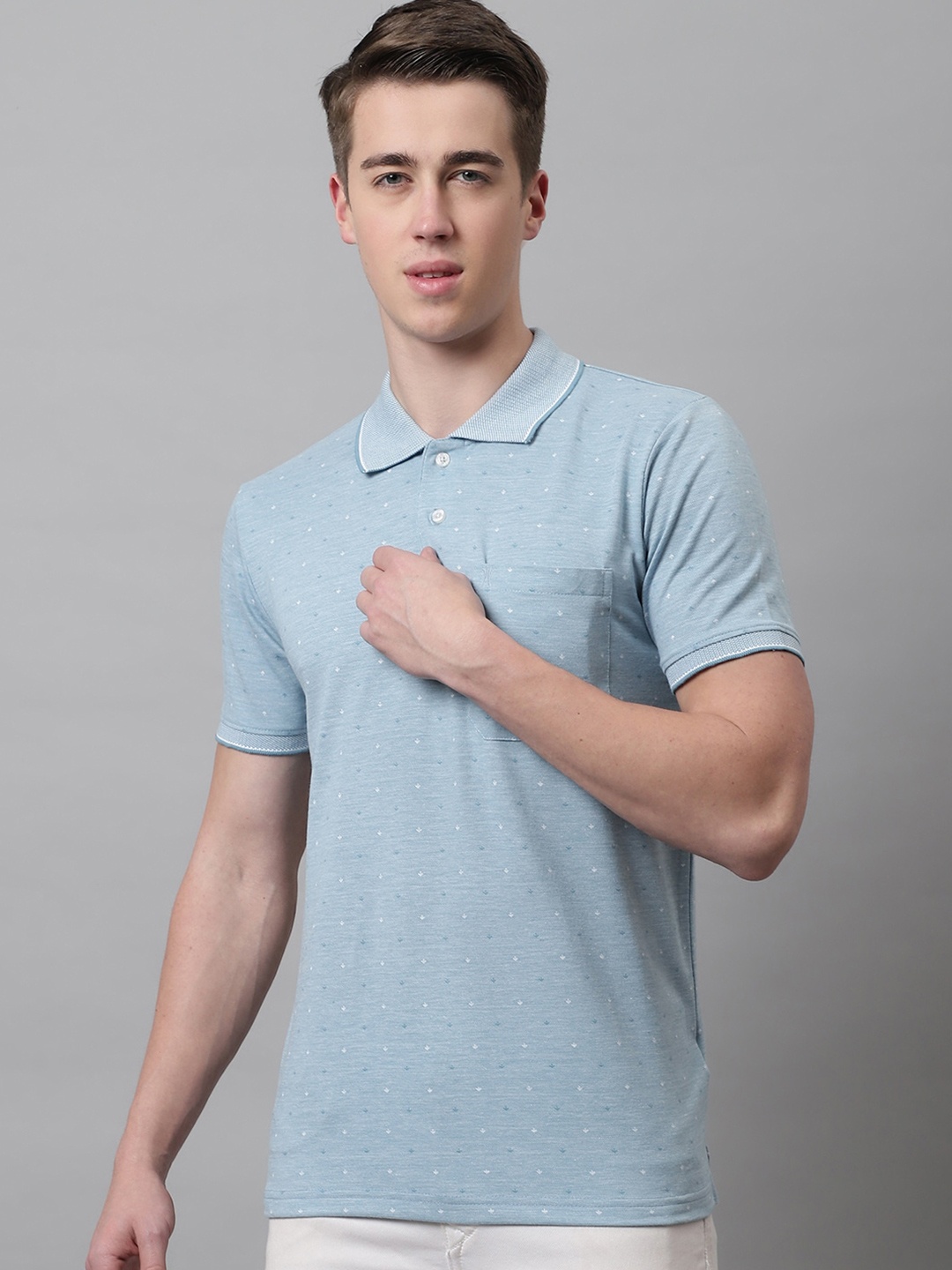

VENITIAN Micro Ditsy Printed Polo Collar Cotton Casual T-shirt, Blue