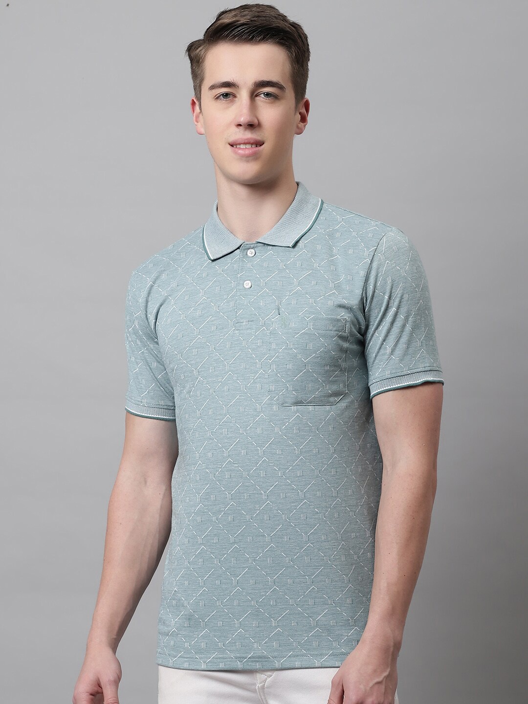 

VENITIAN Geometric Printed Polo Collar Cotton T-shirt, Green