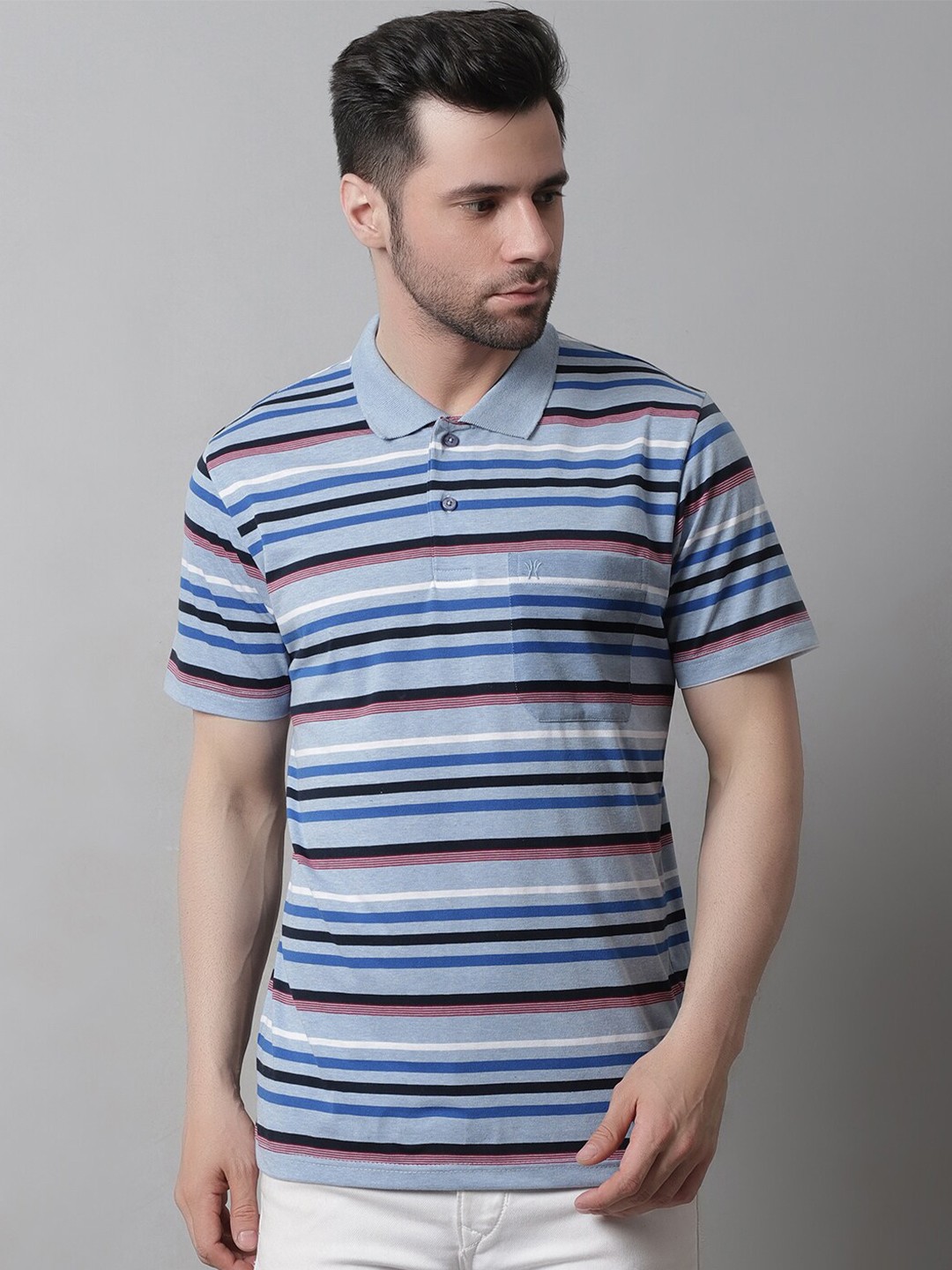 

VENITIAN Horizontal Striped Polo Collar Cotton T-shirt, Blue