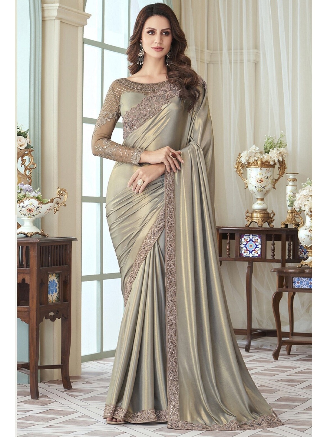 

Mitera Beige Embroidered Silk Blend Saree