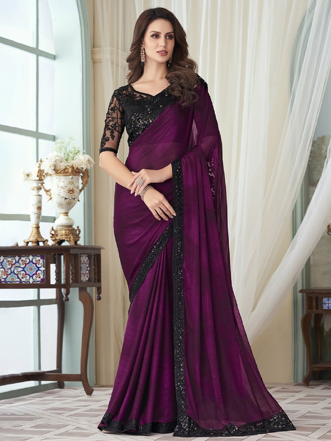

Mitera Purple & Black Embellished Sequinned Border Silk Blend Saree