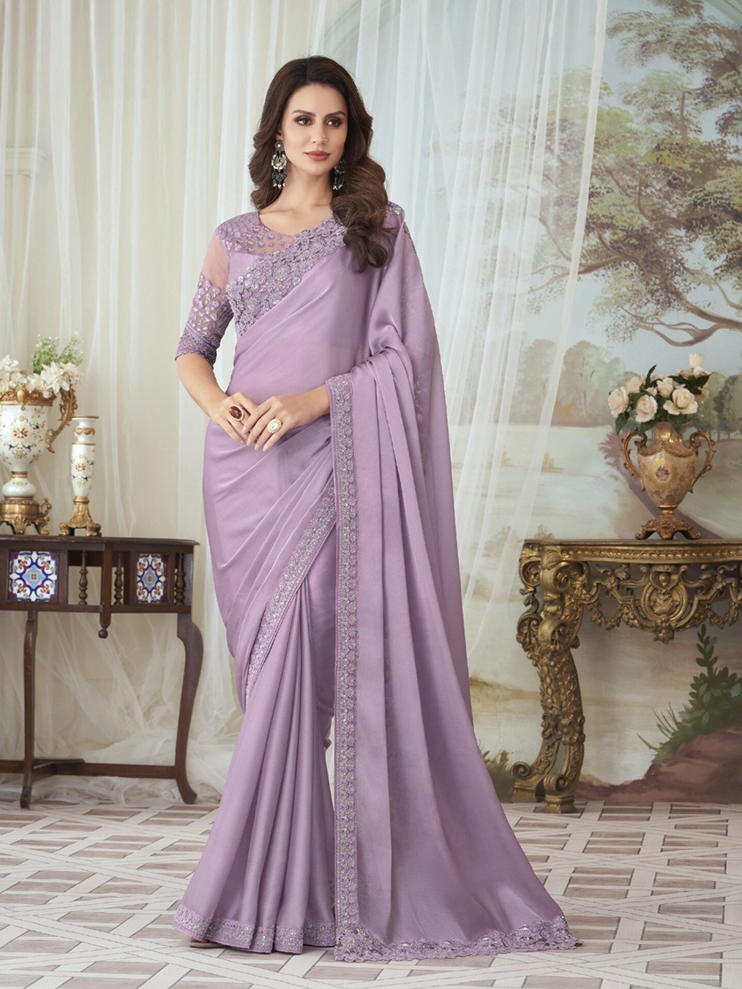 

Mitera Lavender & Silver-Toned Floral Embroidered Saree