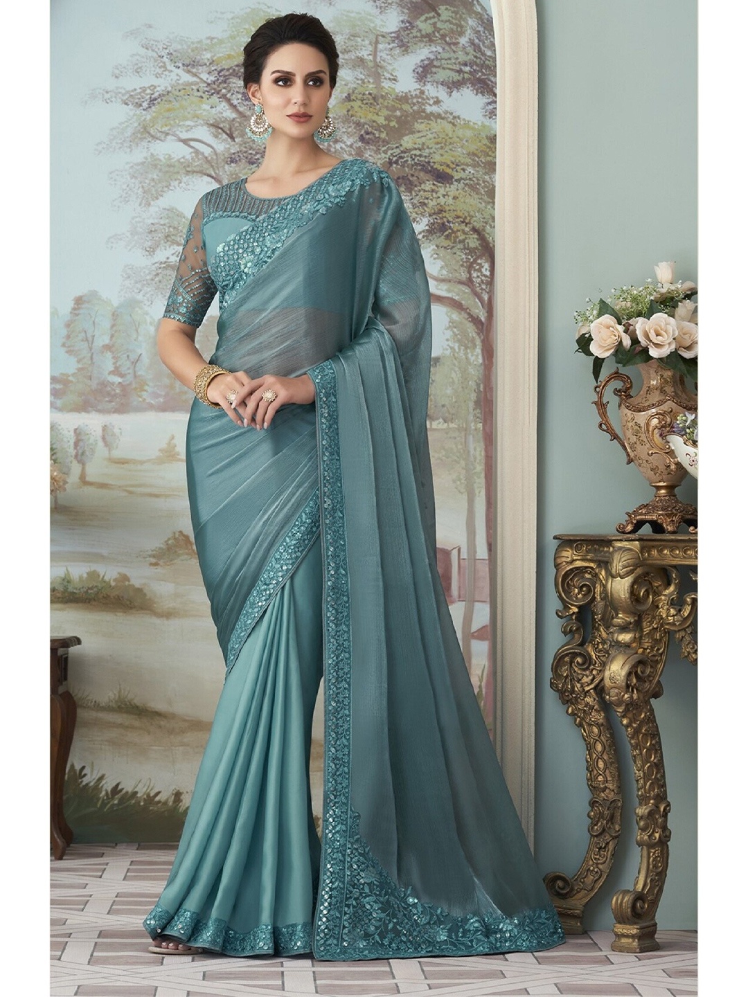 

Mitera Blue Floral Embroidered Saree