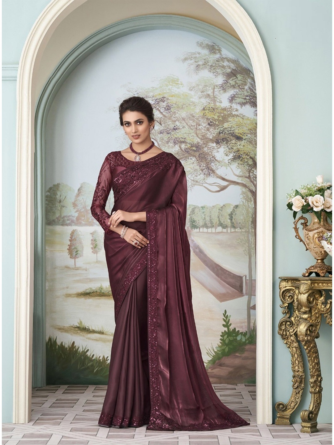 

Mitera Burgundy Embellished Sequinned Silk Blend Saree