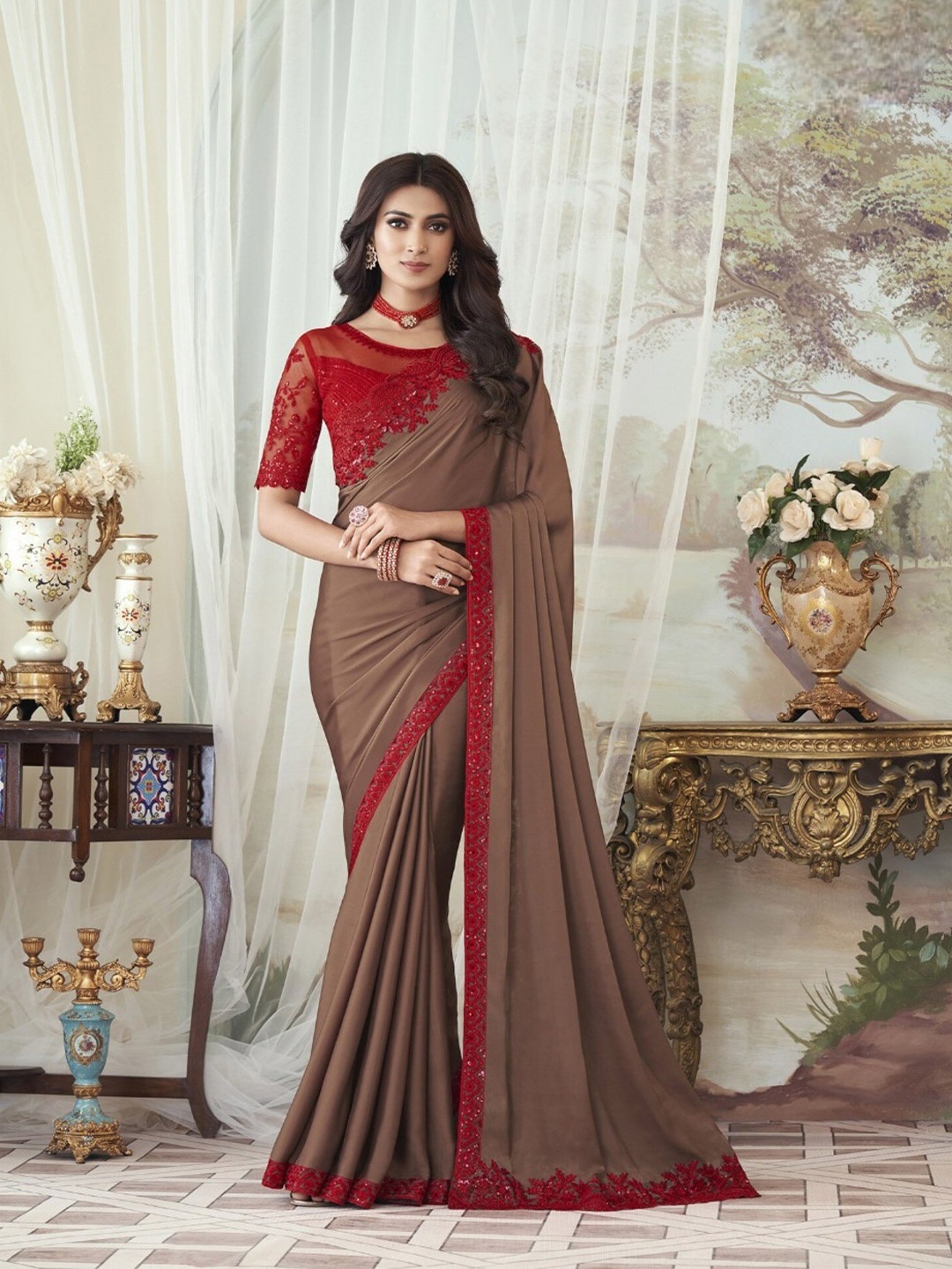 

Mitera Brown & Red Embroidered Sequinned Silk Blend Saree