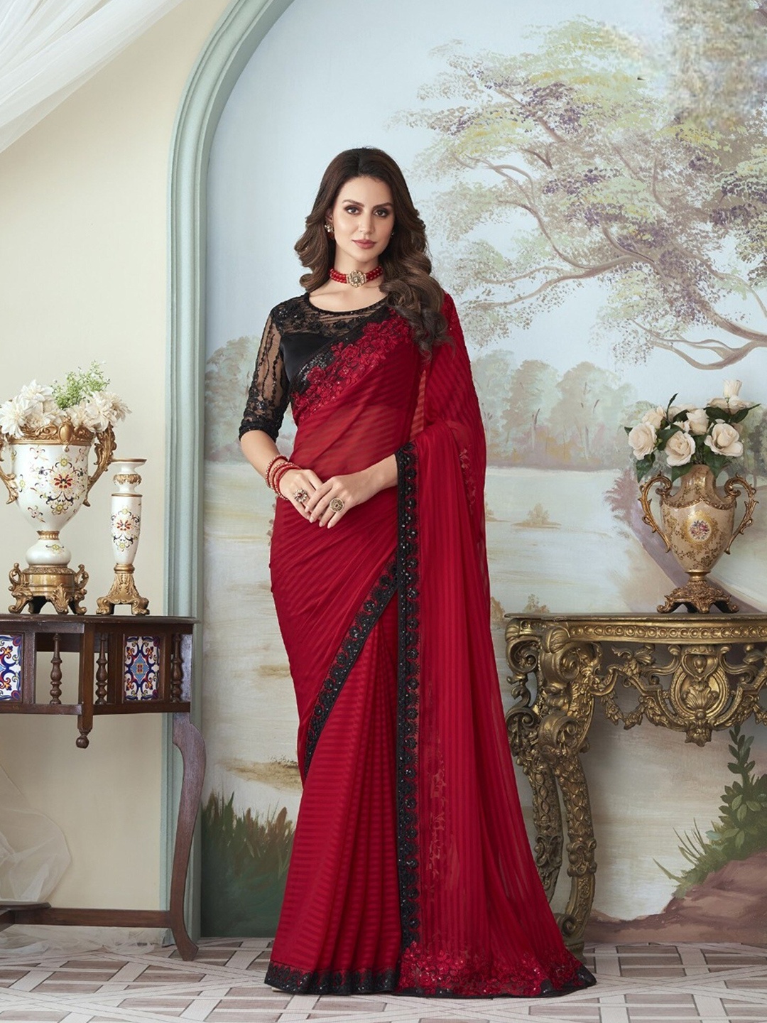 

Mitera Red & Black Floral Embroidered Sequinned Saree