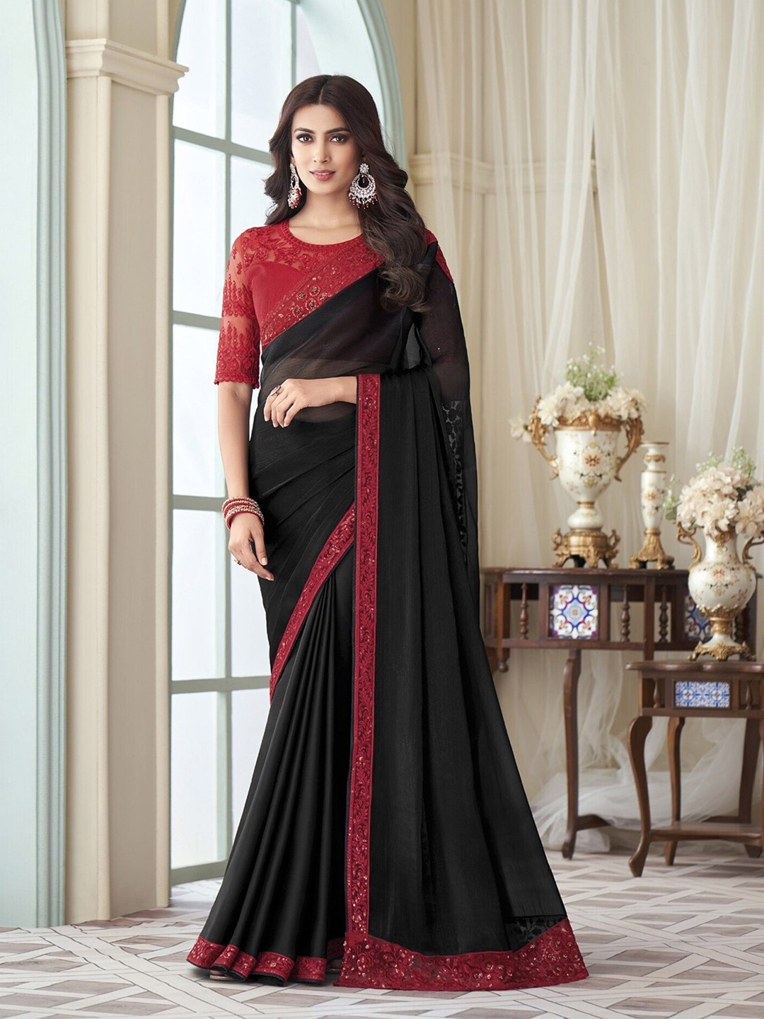 

Mitera Black & Pink Embroidered Sequinned Silk Blend Saree