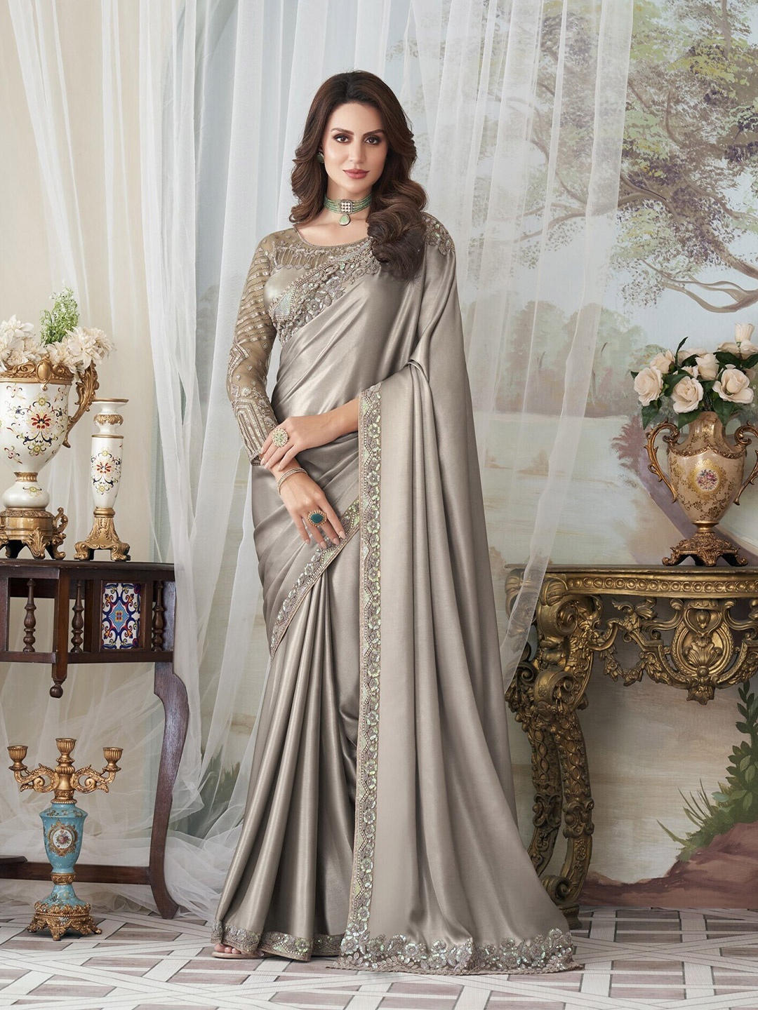

Mitera Grey Embroidered Sequinned Silk Blend Saree