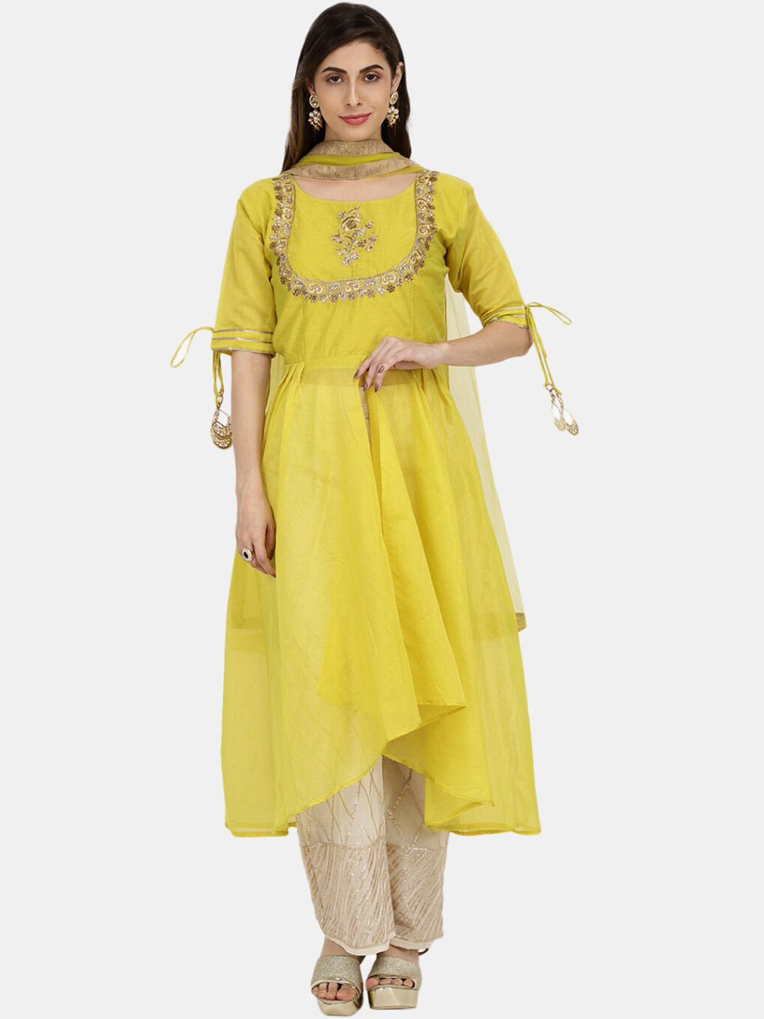 

V-Mart Ethnic Motifs Embroidered Anarkali High-Low Pure Cotton Kurta with Palazzos, Yellow