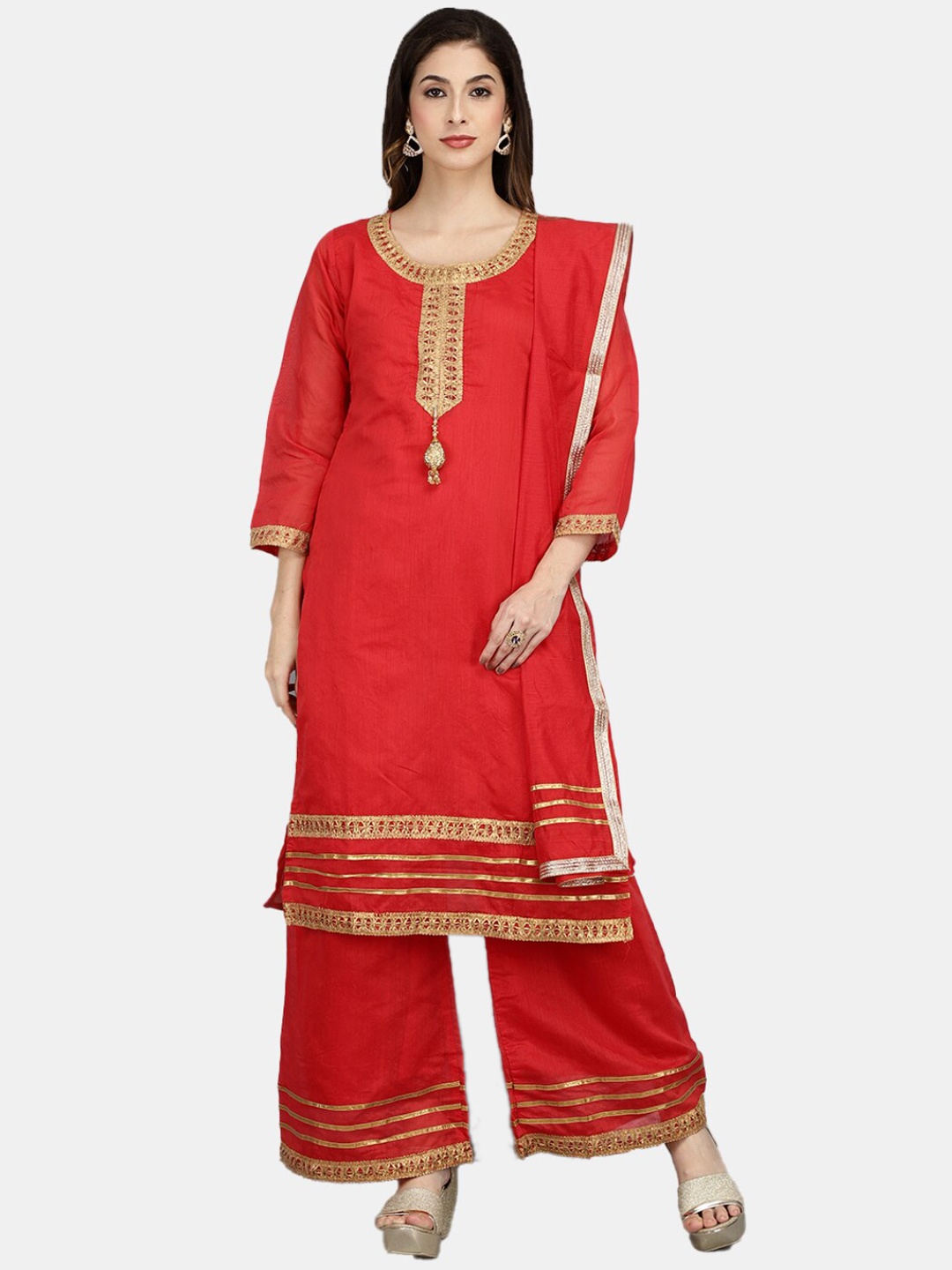 

V-Mart Yoke Design Gotta Patti Pure Cotton Kurta With Palazzos & Dupatta, Red