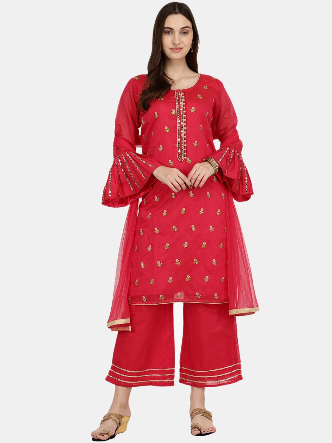 

V-Mart Ethnic Motifs Embroidered Mirror Work Pure Cotton Kurta with Pyjamas & Dupatta, Fuchsia