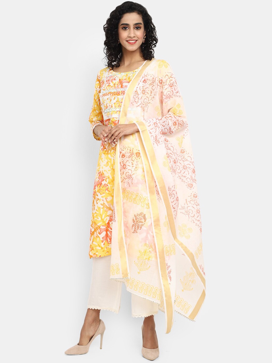 

V-Mart Floral Printed Mirror Work Kurta With Palazzos & Dupatta, Yellow