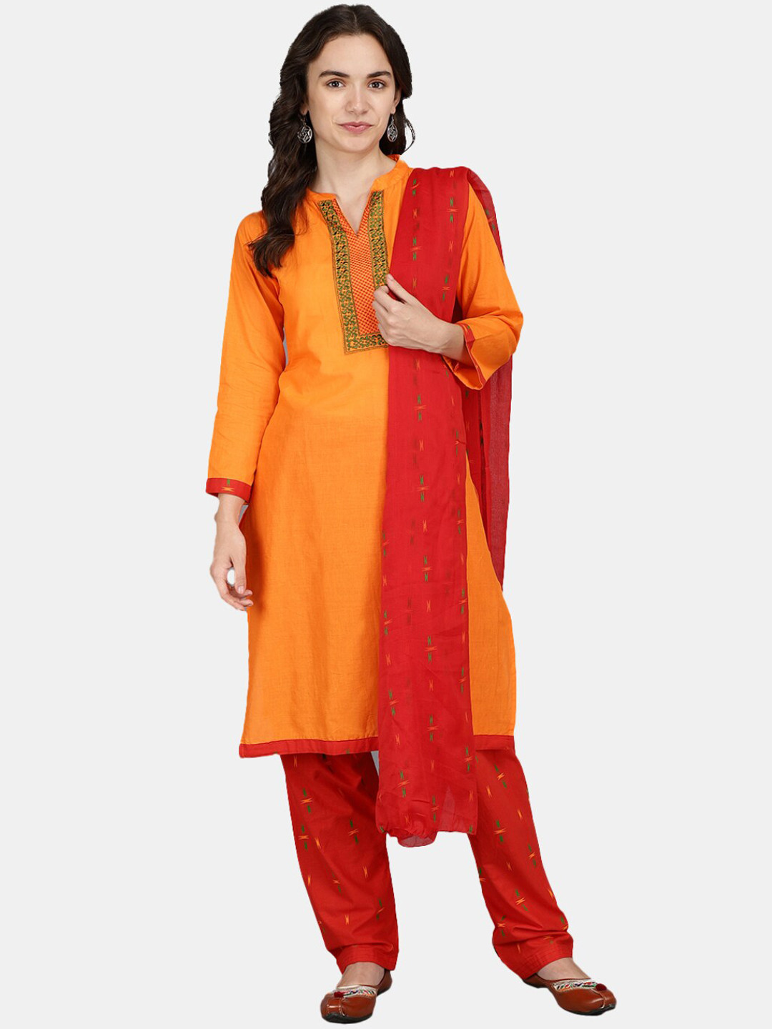 

V-Mart Mandarin Collar Thread Work Pure Cotton Kurta with Pyjamas & Dupatta, Orange